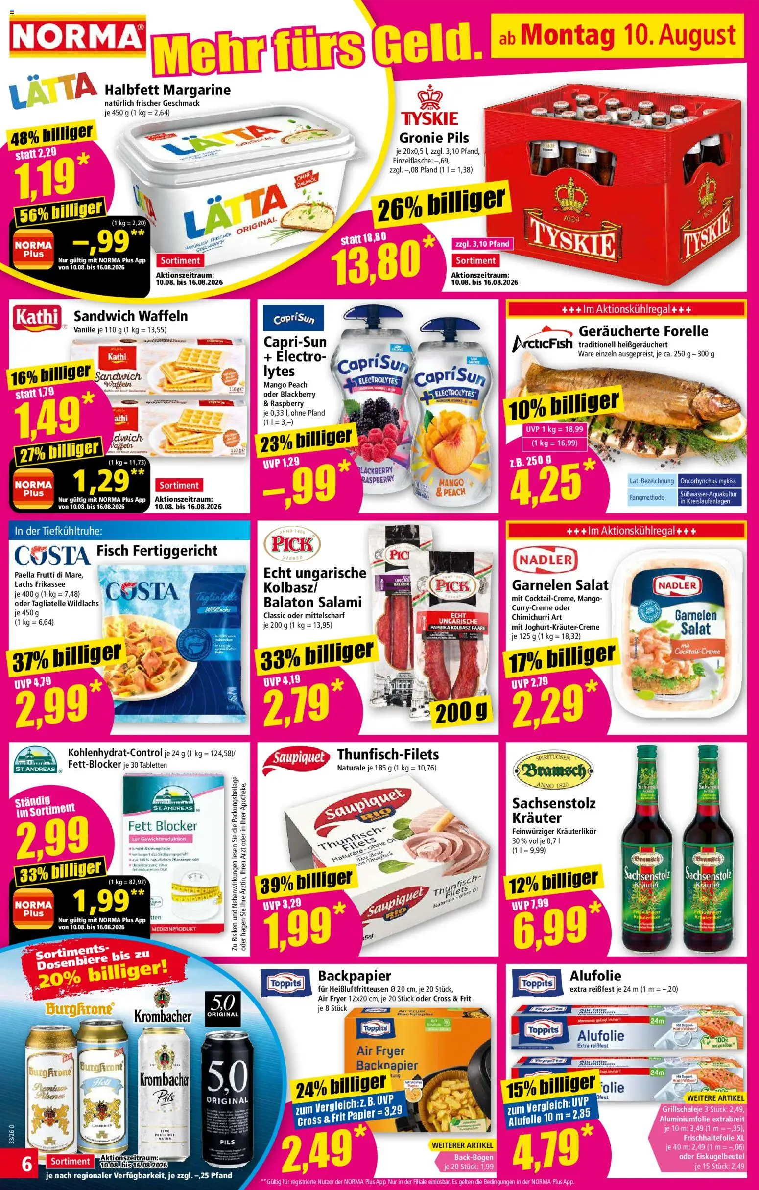 Norma Prospekt – gültig ab 10.08.2026 | Seite: 6 | Produkte: Margarine, Pils, Waffeln, Krombacher