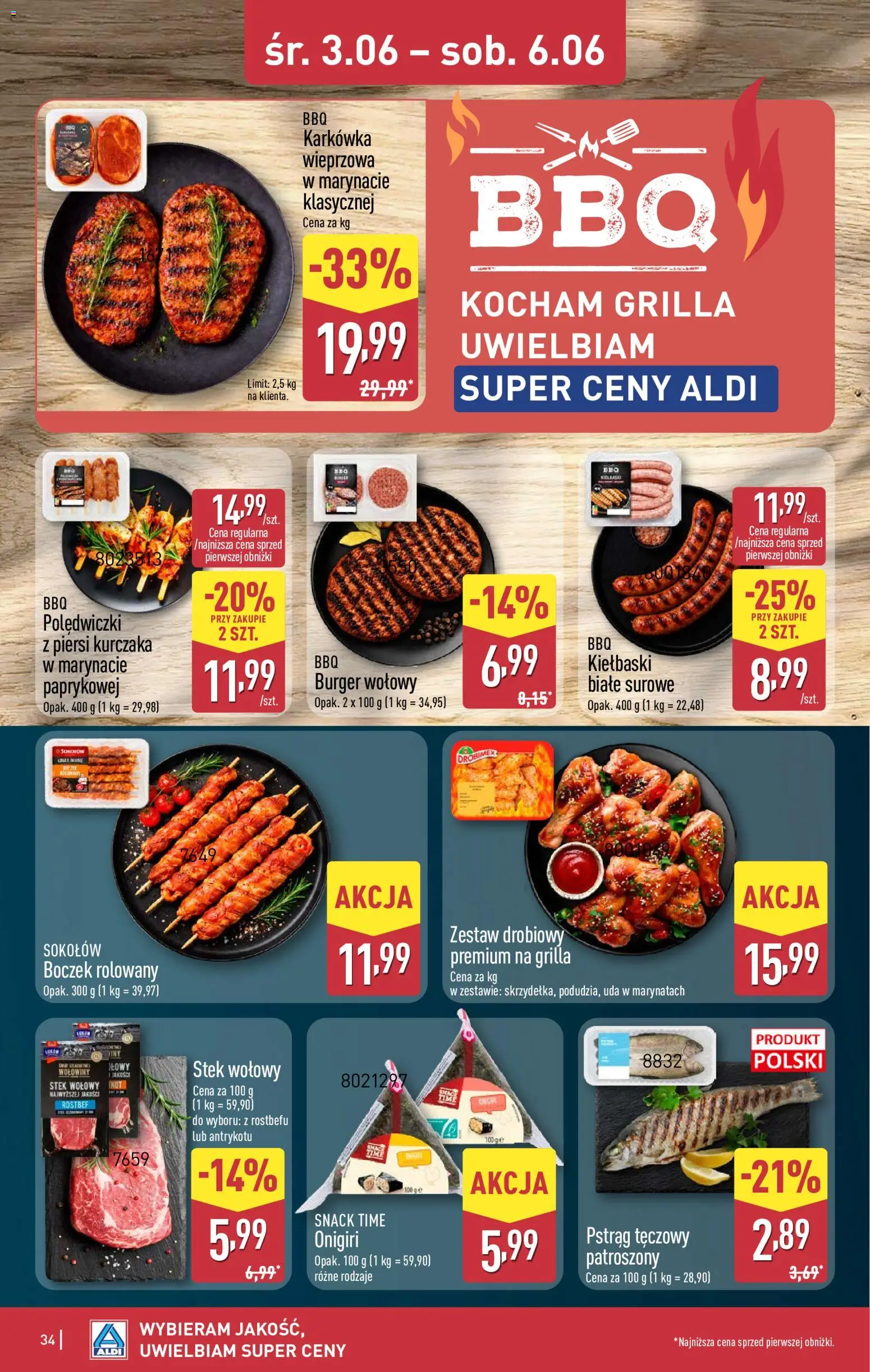 Aldi gazetka od 01.06.2026 | Strona: 34 | Produkty: Karkówka, Pstrąg tęczowy, Kiełbaski, Pstrąg