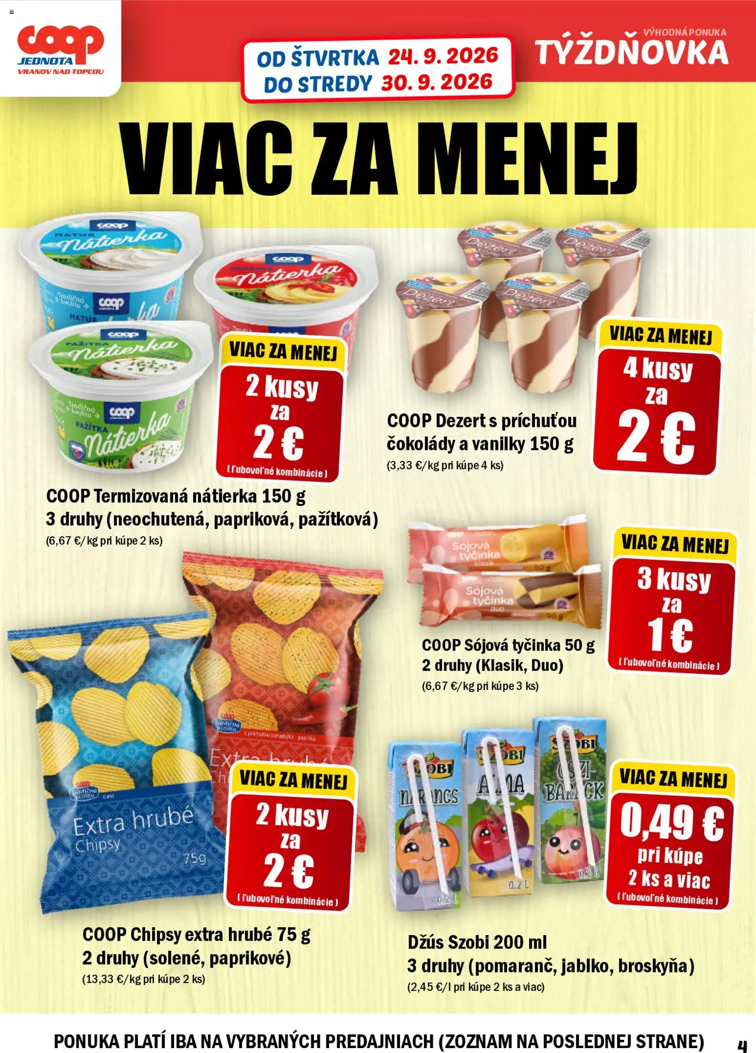 Nové COOP Jednota akcie – leták je platný od 24.09.2026 | Strana: 4 | Produkty: Pažítka, Džús, Nátierka, Chipsy
