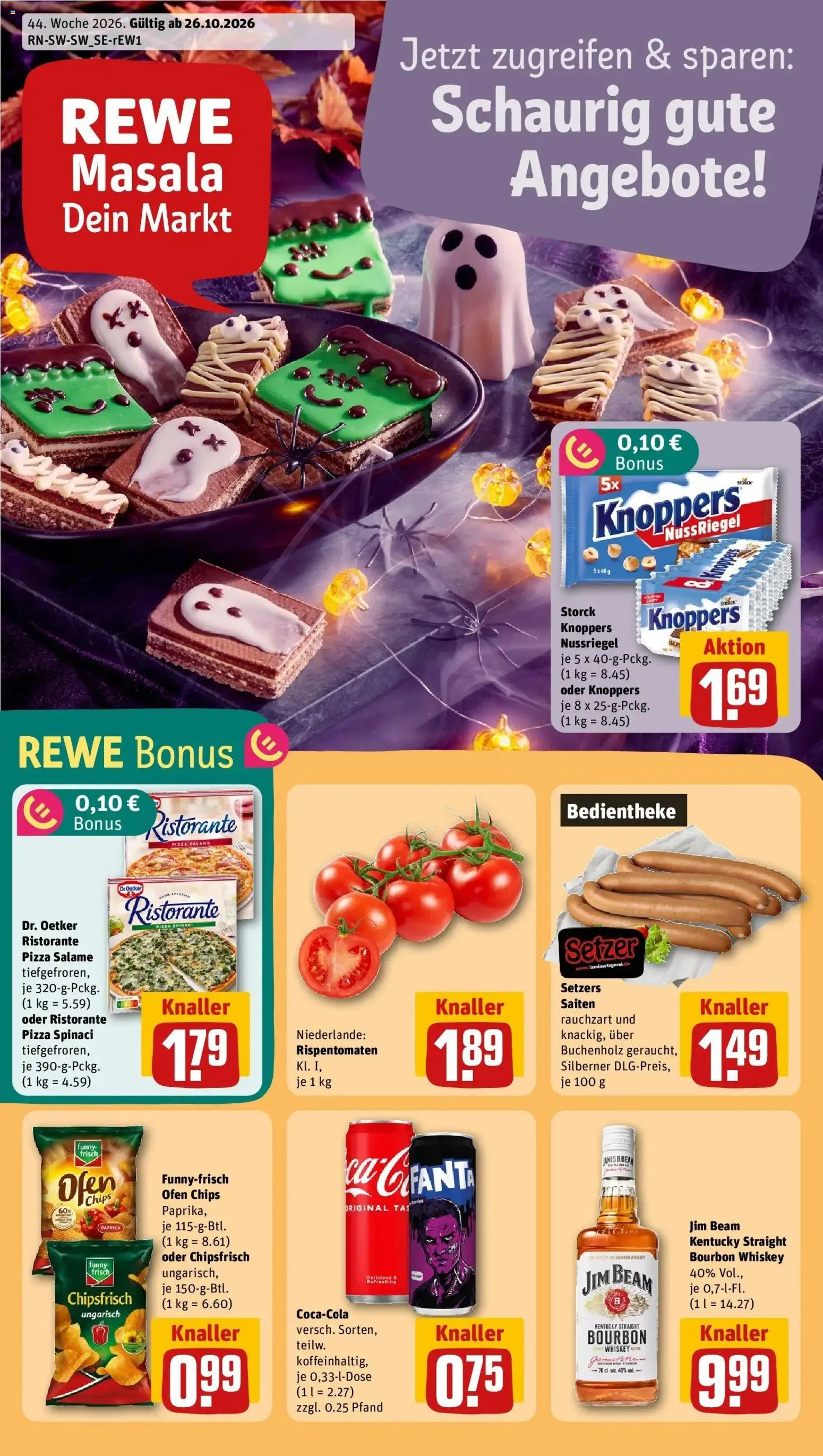 REWE Prospekt ab 26.10.2026 zum Blättern » Angebote | Seite: 1 | Produkte: Ofen, Pizza, Chips, Whiskey