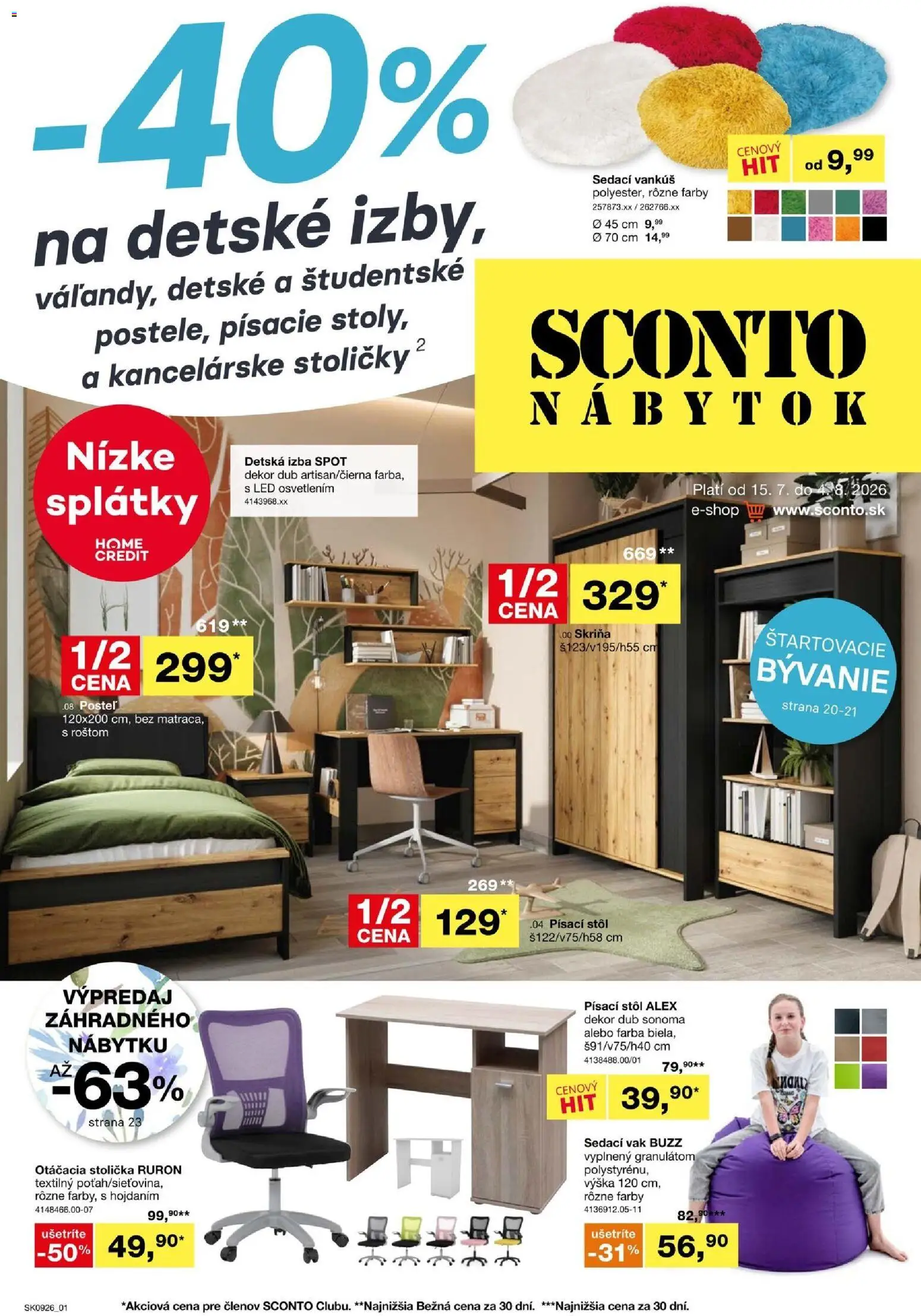 Nové Sconto nábytok akcie – leták je platný od 15.07.2026 | Strana: 1 | Produkty: Nábytok, Stoličky, Skriňa, Detská izba