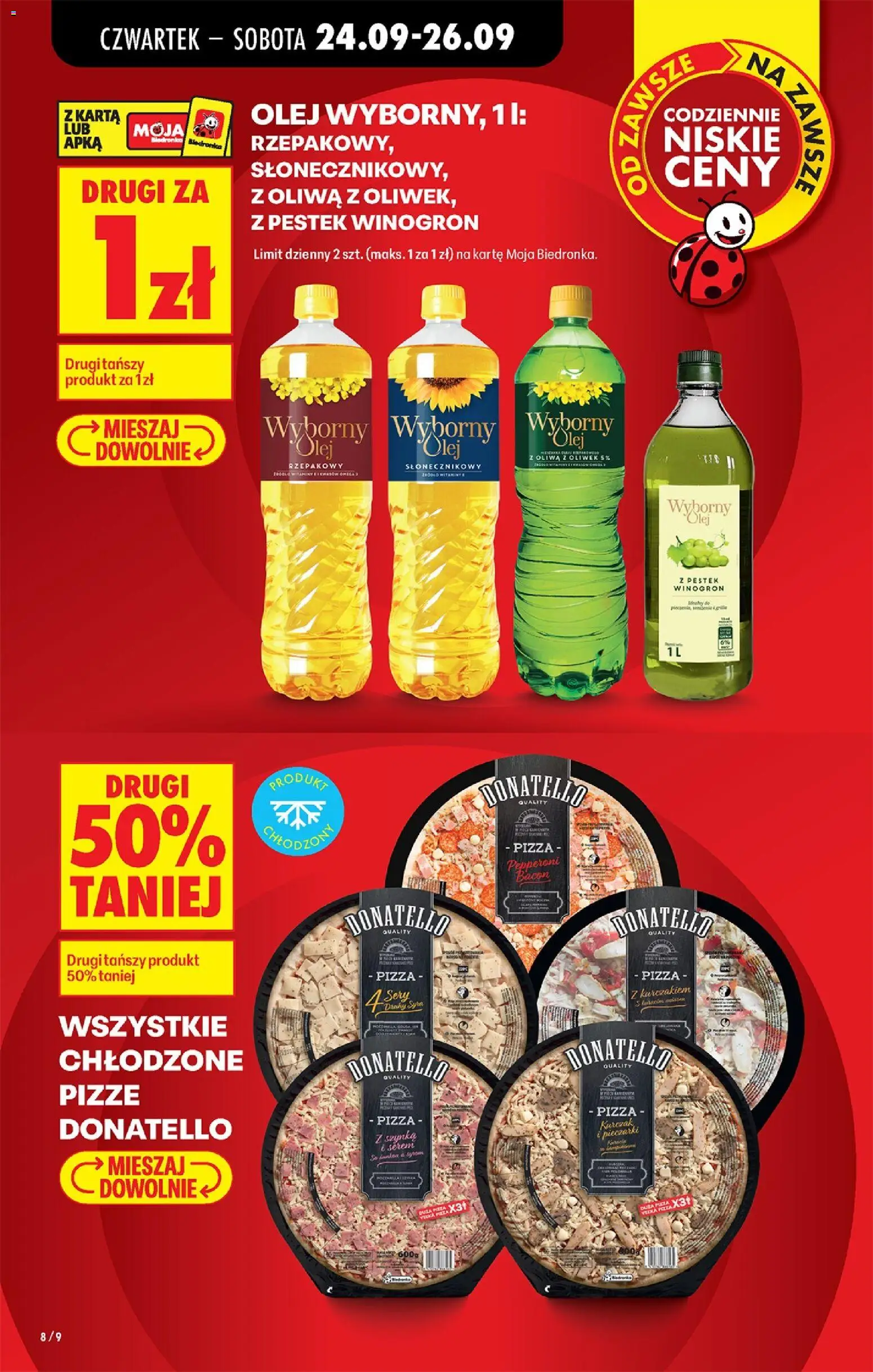 Biedronka gazetka od czwartku od 24.09.2026 | Strona: 10 | Produkty: Pieczarki, Olej z pestek winogron, Pizza, Donatello pizza