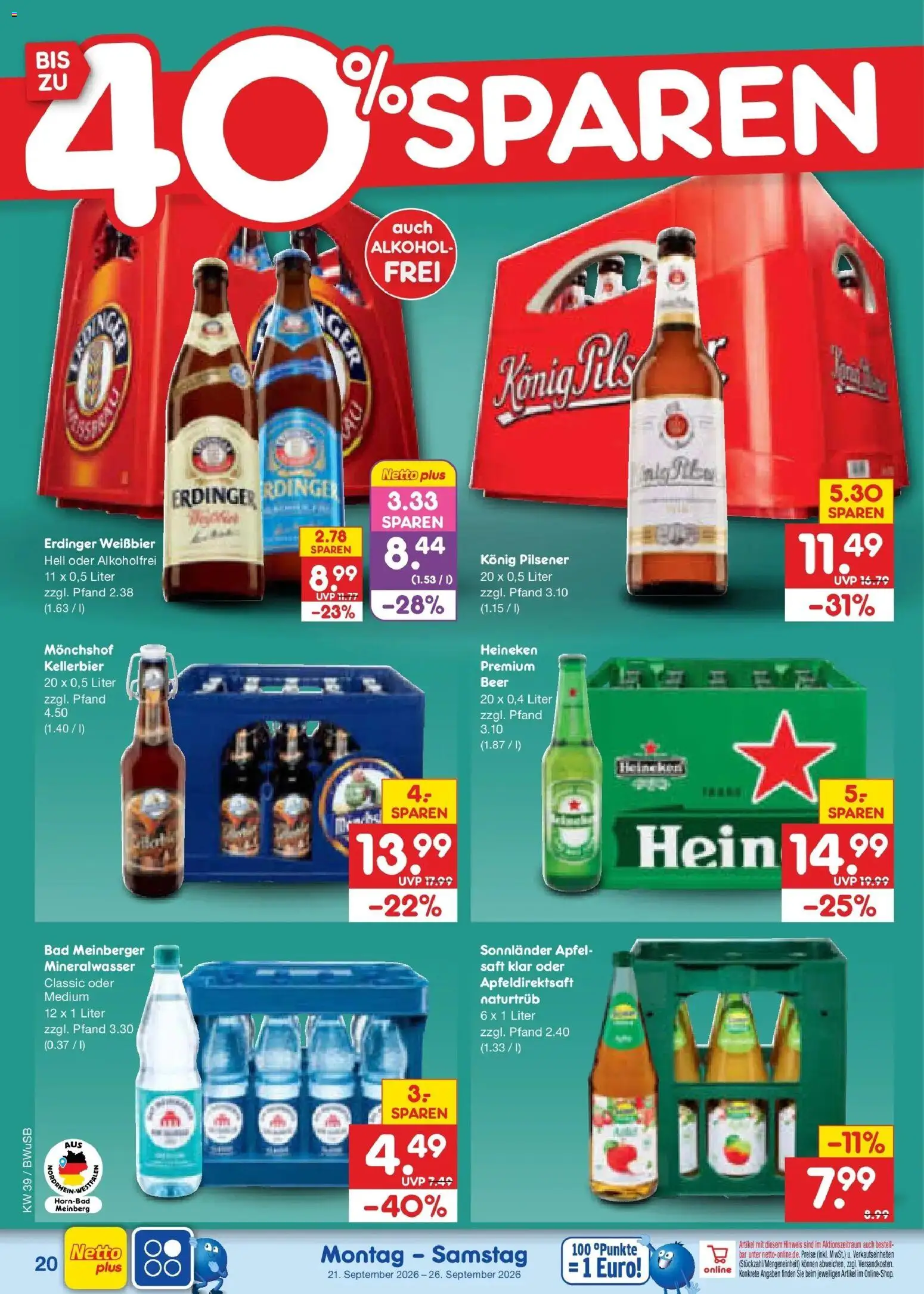 Netto Marken-Discount Prospekt Bielefeld – gültig ab 21.09.2026 | Seite: 28 | Produkte: Konig pilsener, Äpfel, Mineralwasser, Heineken