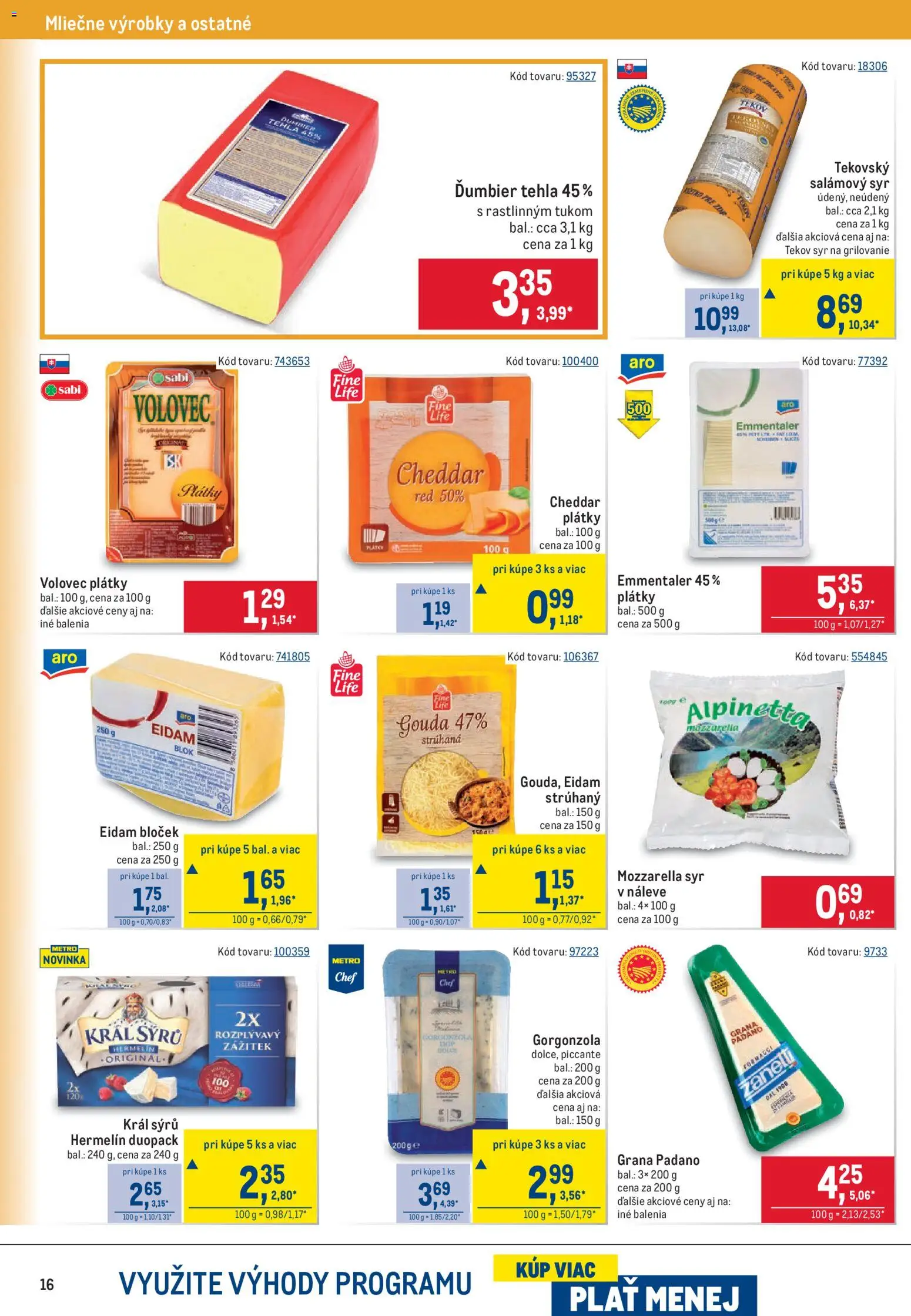 Nové Metro akcie – leták je platný od 20.05.2026 | Strana: 16 | Produkty: Syr, Gouda, Eidam, Mozzarella