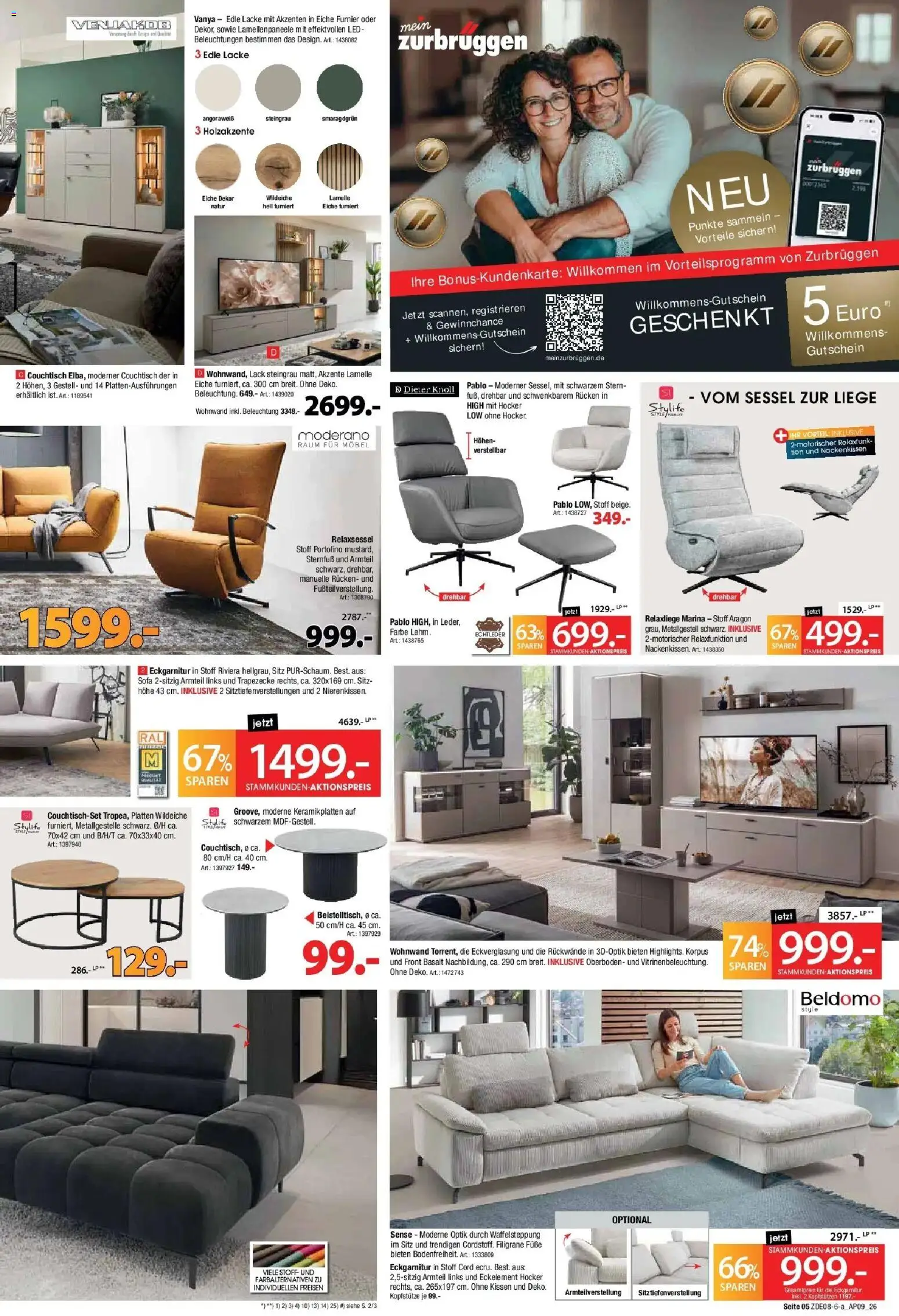 Zurbrüggen Bonus Sonder-Tage – gültig ab 22.08.2026 | Seite: 5 | Produkte: Relaxliege, Wohnwand, Kissen, Couchtisch