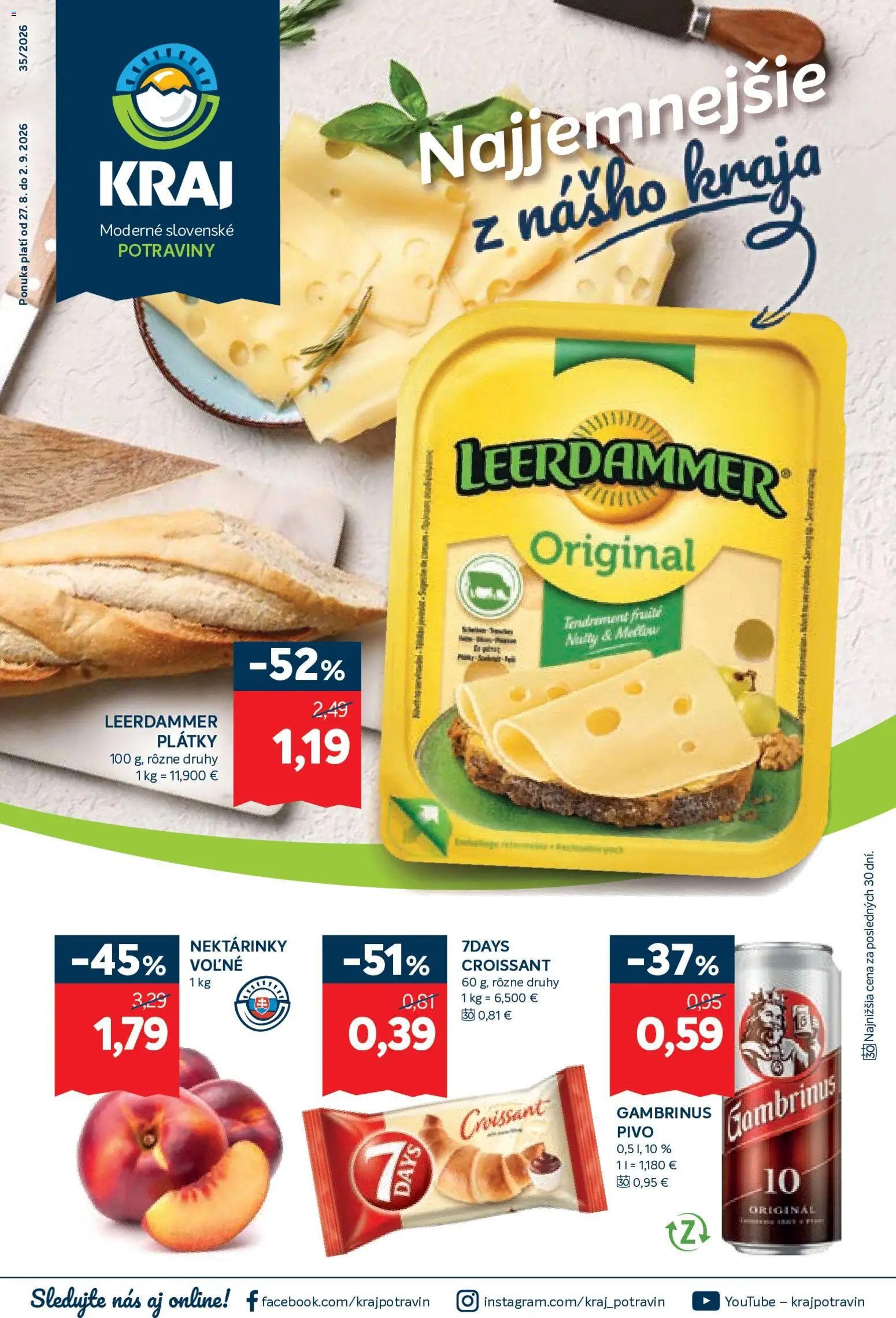 Nové Kraj akcie – leták je platný od 27.08.2026 | Strana: 1 | Produkty: Pivo, Croissant, Nektárinky, Gambrinus