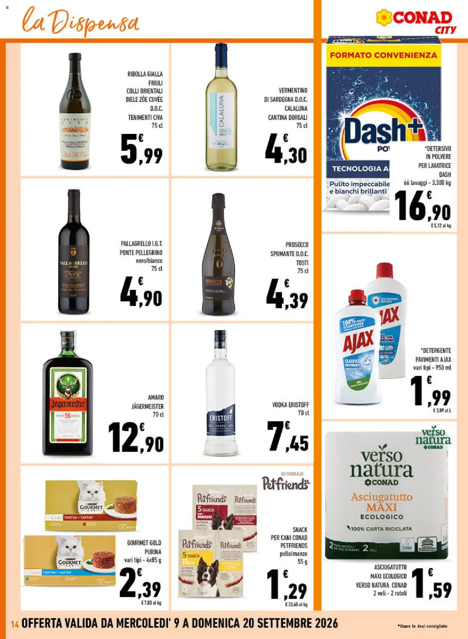 Volantino Conad del 09/09/2026 | Pagina: 14 | Prodotti: Detergente, Lavatrice, Jägermeister, Asciugatutto