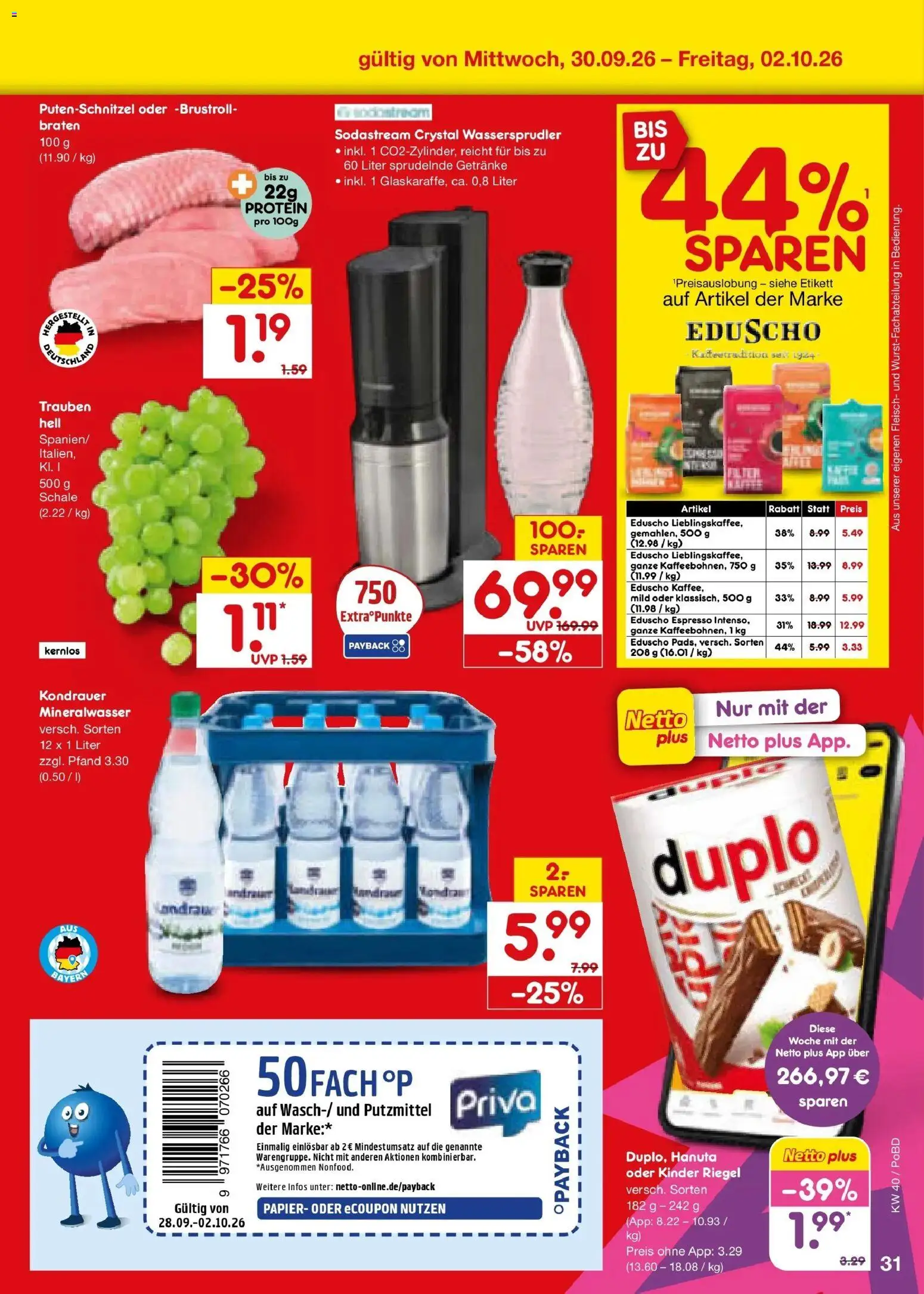 Netto Marken-Discount Prospekt Selb – gültig ab 28.09.2026 | Seite: 49 | Produkte: Trauben, Kinder riegel, Mineralwasser, Fleisch