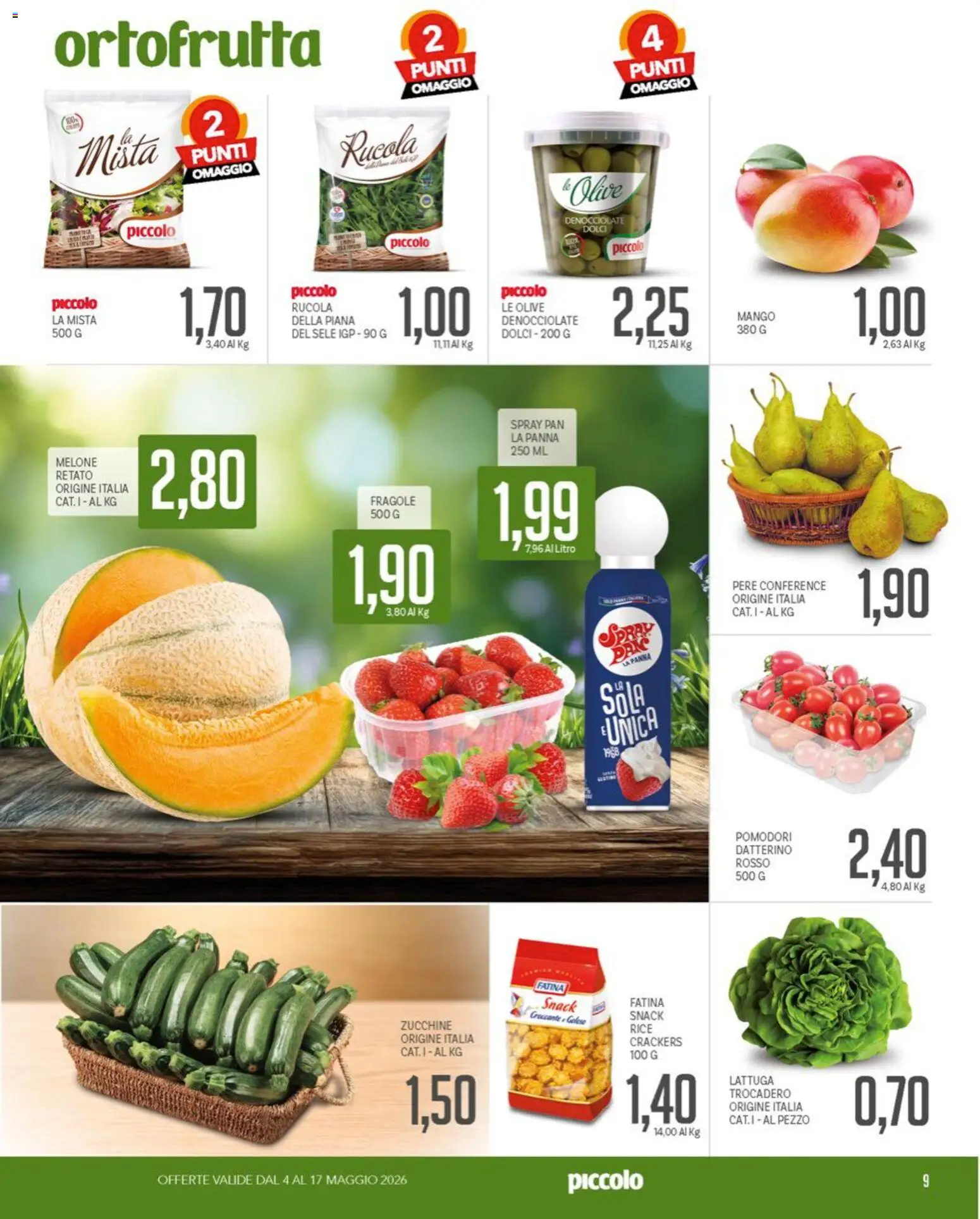 Volantino Piccolo del 04.05.2026 | Pagina: 9 | Prodotti: Rucola, Mango, Pomodori, Melone