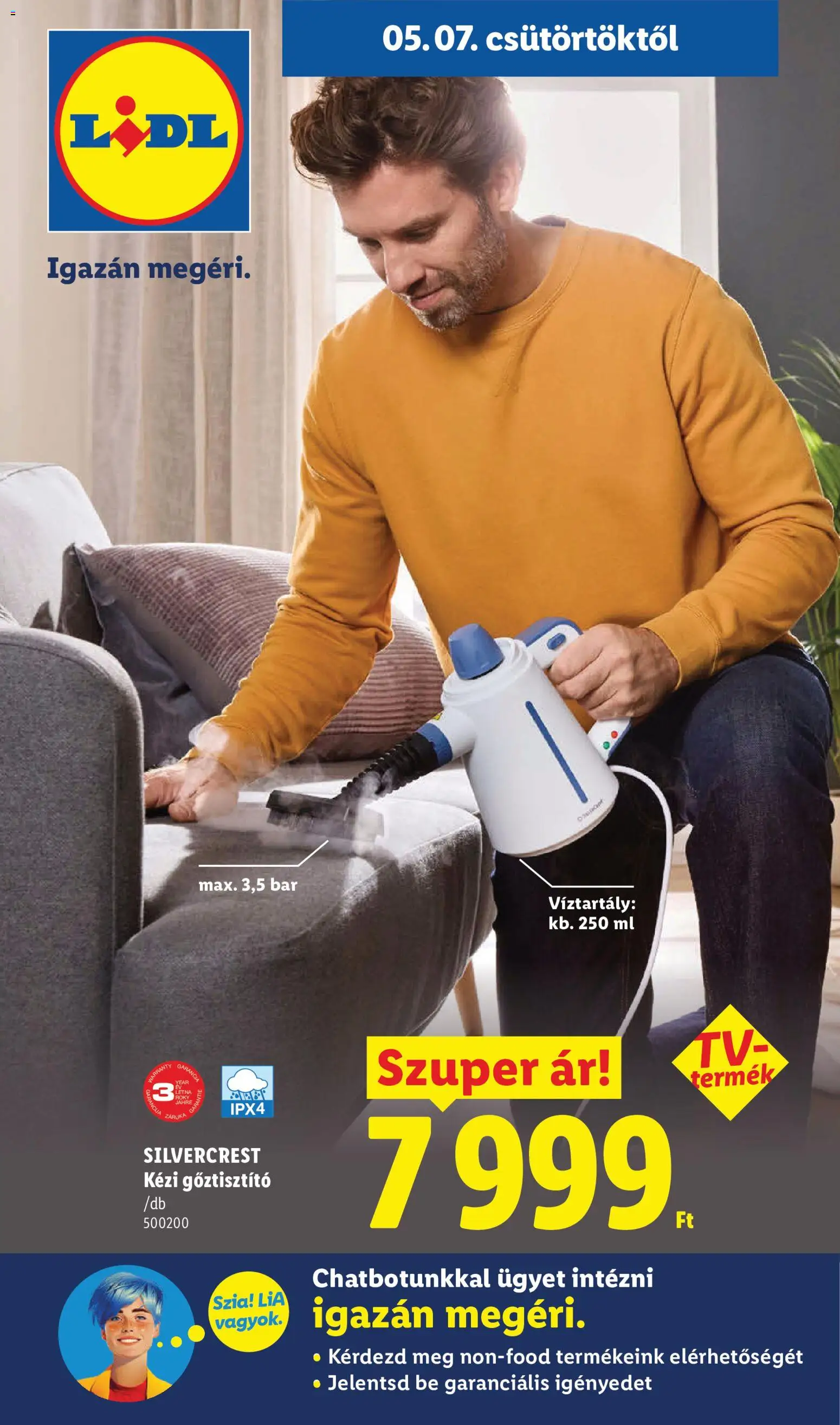Lidl akciós ujság - amely érvényes a következő dátumtól: 07.05.2026 | Oldal: 1 | Termékek: Gőztisztító, Kézi gőztisztító
