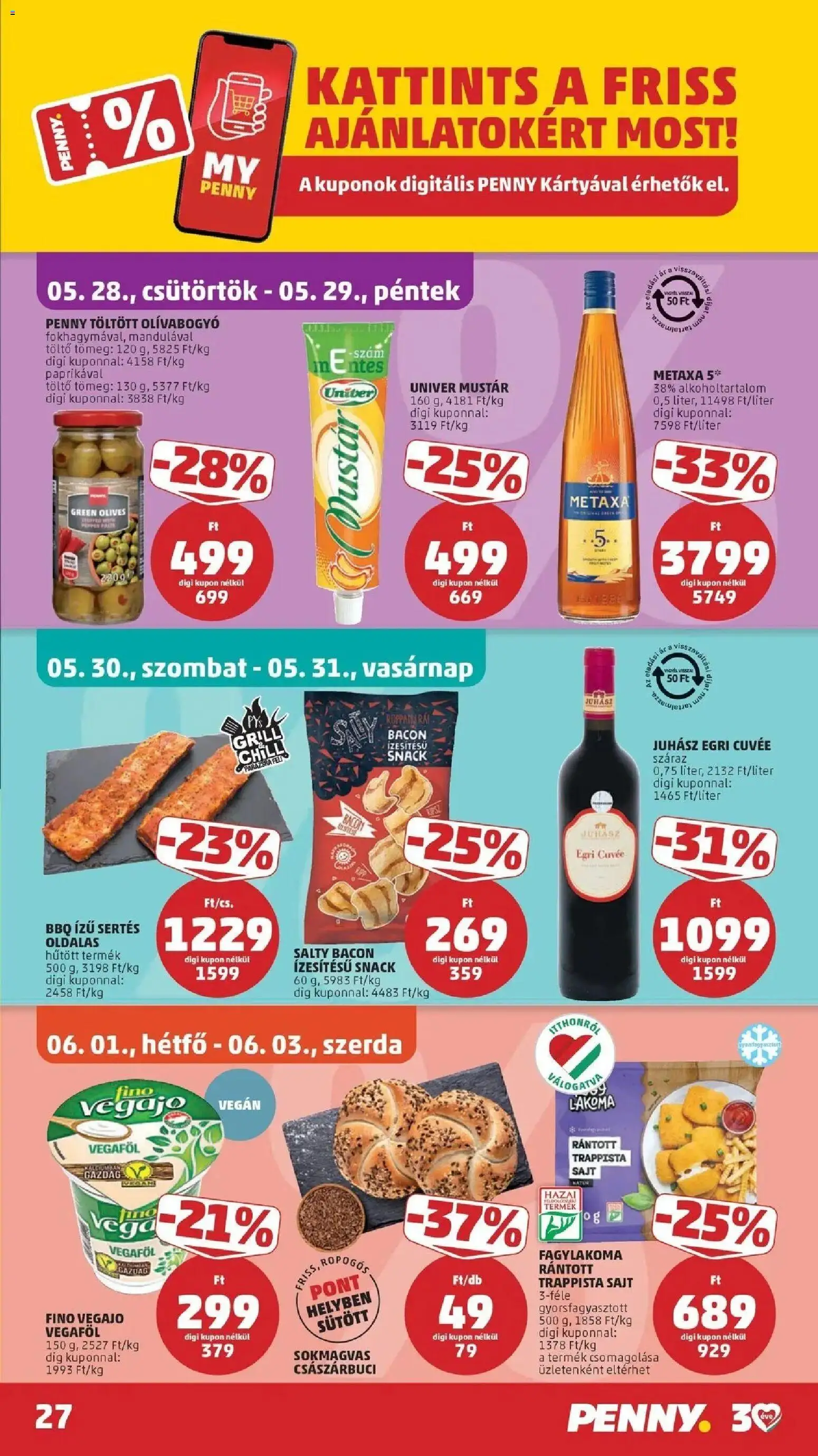 PENNY akciós ujság - amely érvényes a következő dátumtól: 28.05.2026 | Oldal: 27 | Termékek: Metaxa, Brandy, Töltő, Vegán