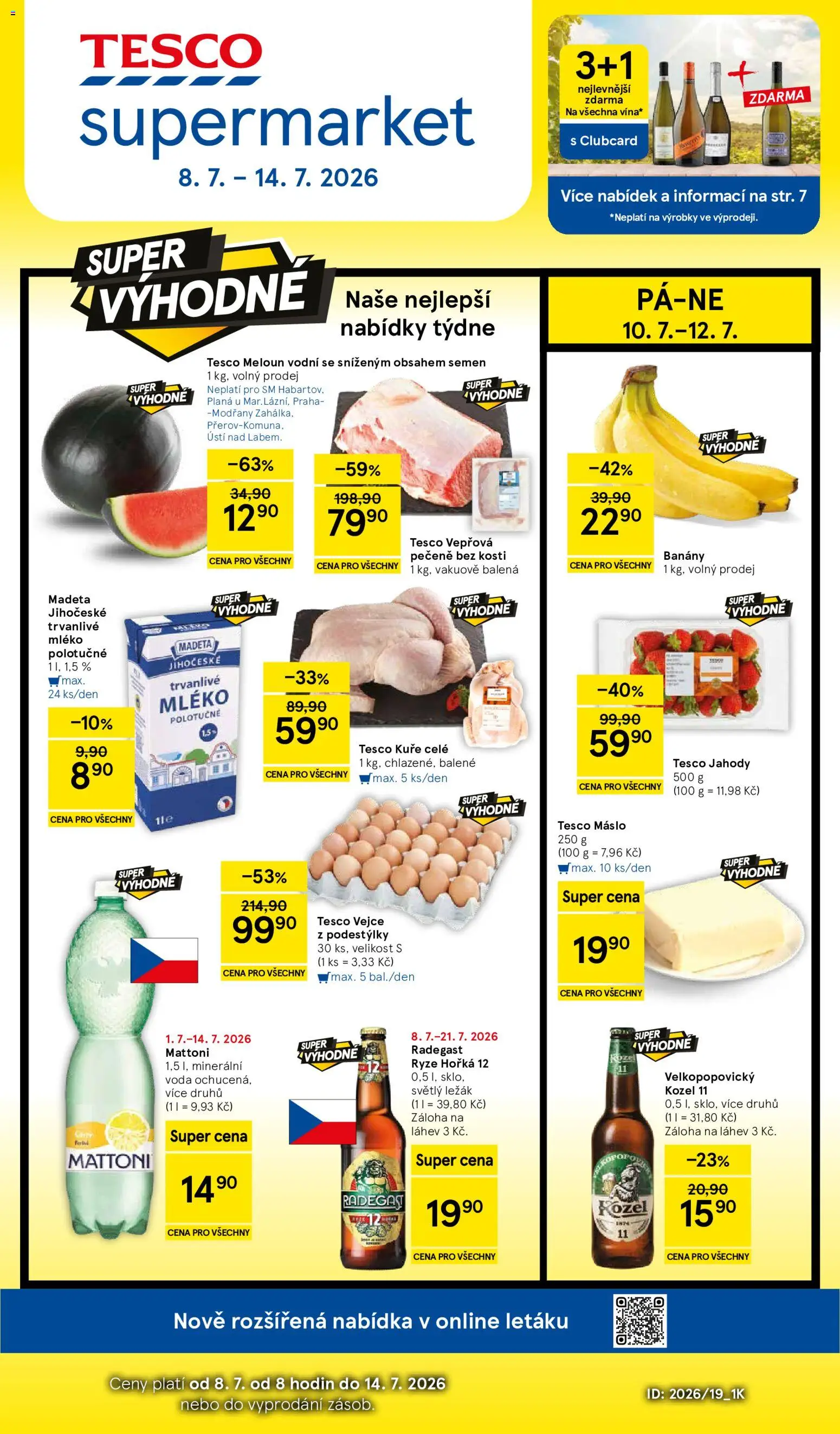 Tesco leták - Supermarket od 08.07.2026 | Strana: 1 | Produkty: Vepřová pečeně, Mléko, Jahody, Kuře