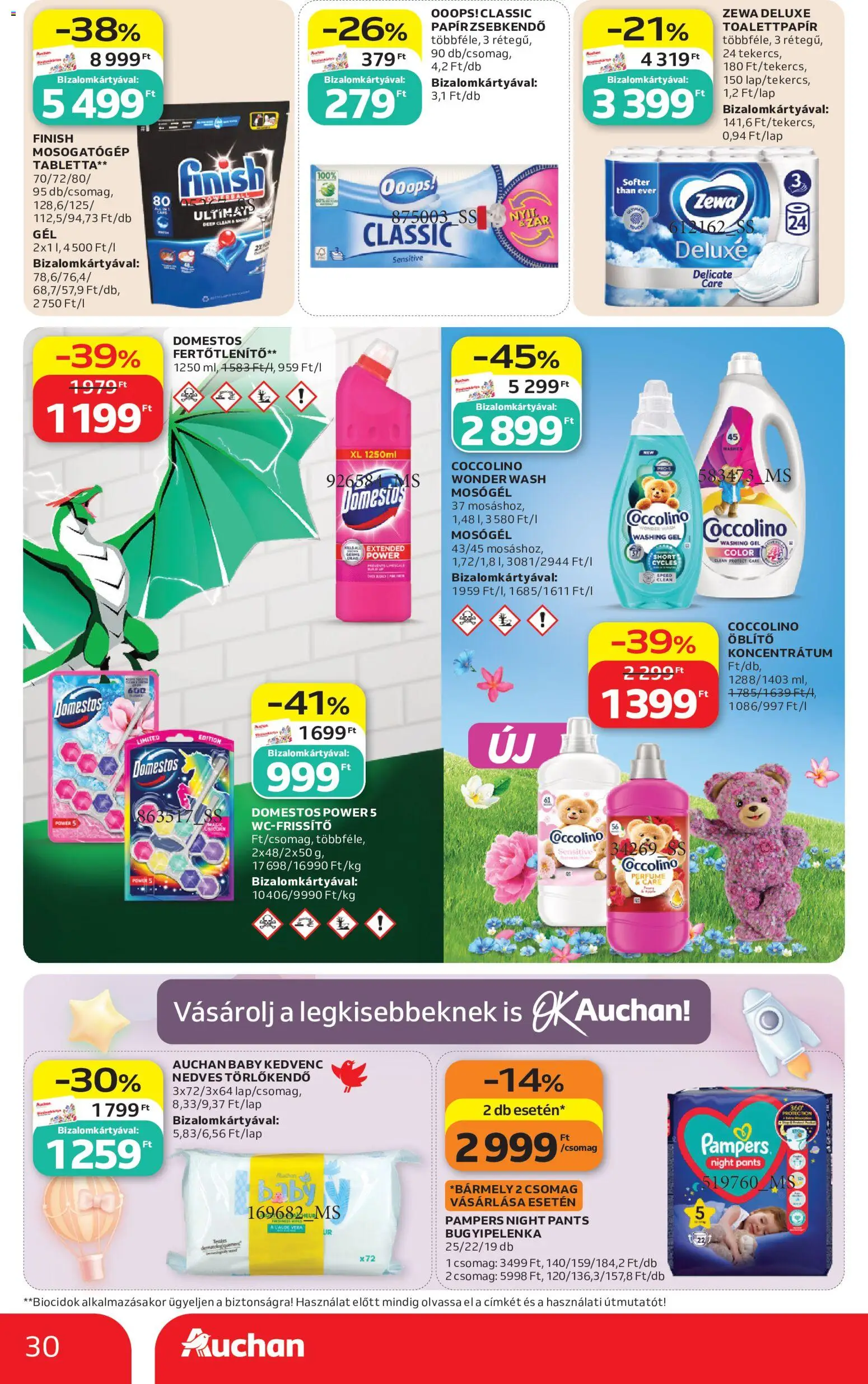 Auchan akciós ujság - amely érvényes a következő dátumtól: 2026.08.13. | Oldal: 30 | Termékek: Toalettpapír, Pampers, Finish, Gél