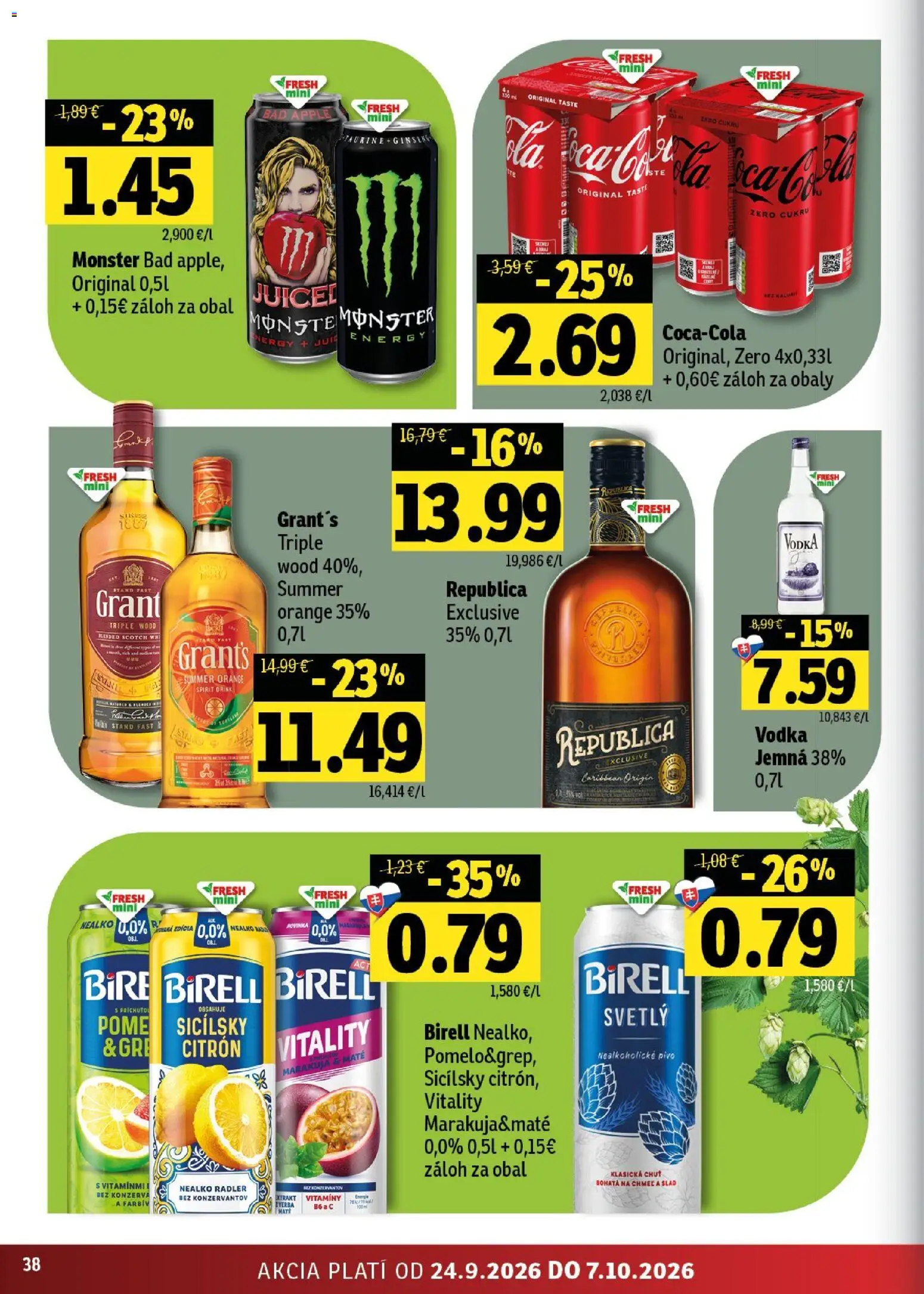 Nové Fresh akcie – leták je platný od 24.09.2026 | Strana: 38 | Produkty: Pivo, Radler, Vodka, Nealkoholické pivo
