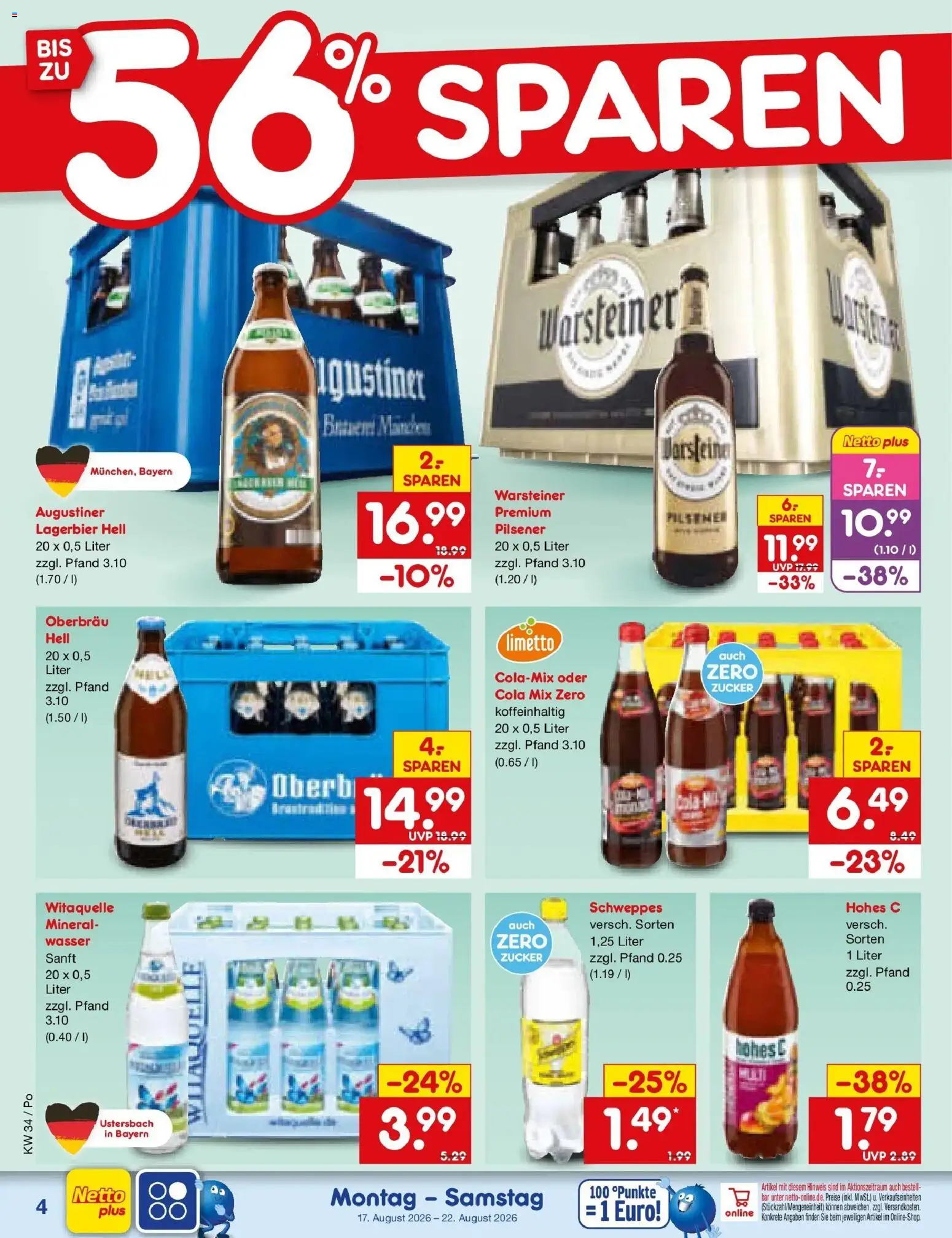 Netto Marken-Discount Prospekt Regensburg – gültig ab 17.08.2026 | Seite: 6 | Produkte: Cola, Schweppes, Wasser, Warsteiner