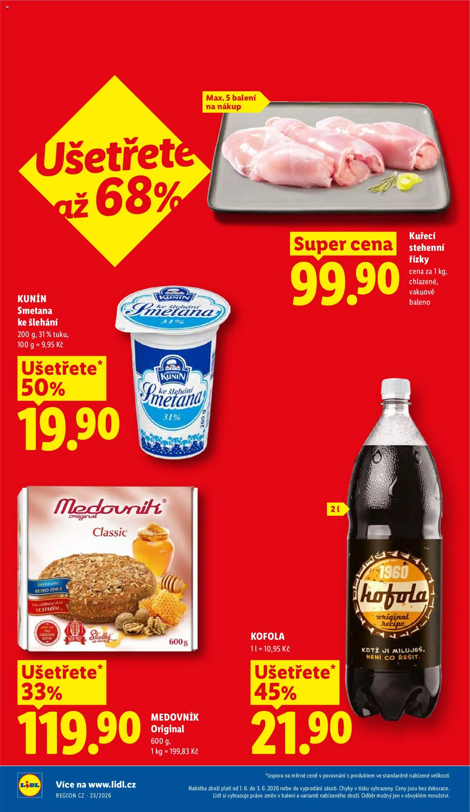 Lidl leták od 01.06.2026 | Strana: 2 | Produkty: Kuřecí stehenní řízky, Smetana ke šlehání, Kofola, Cola
