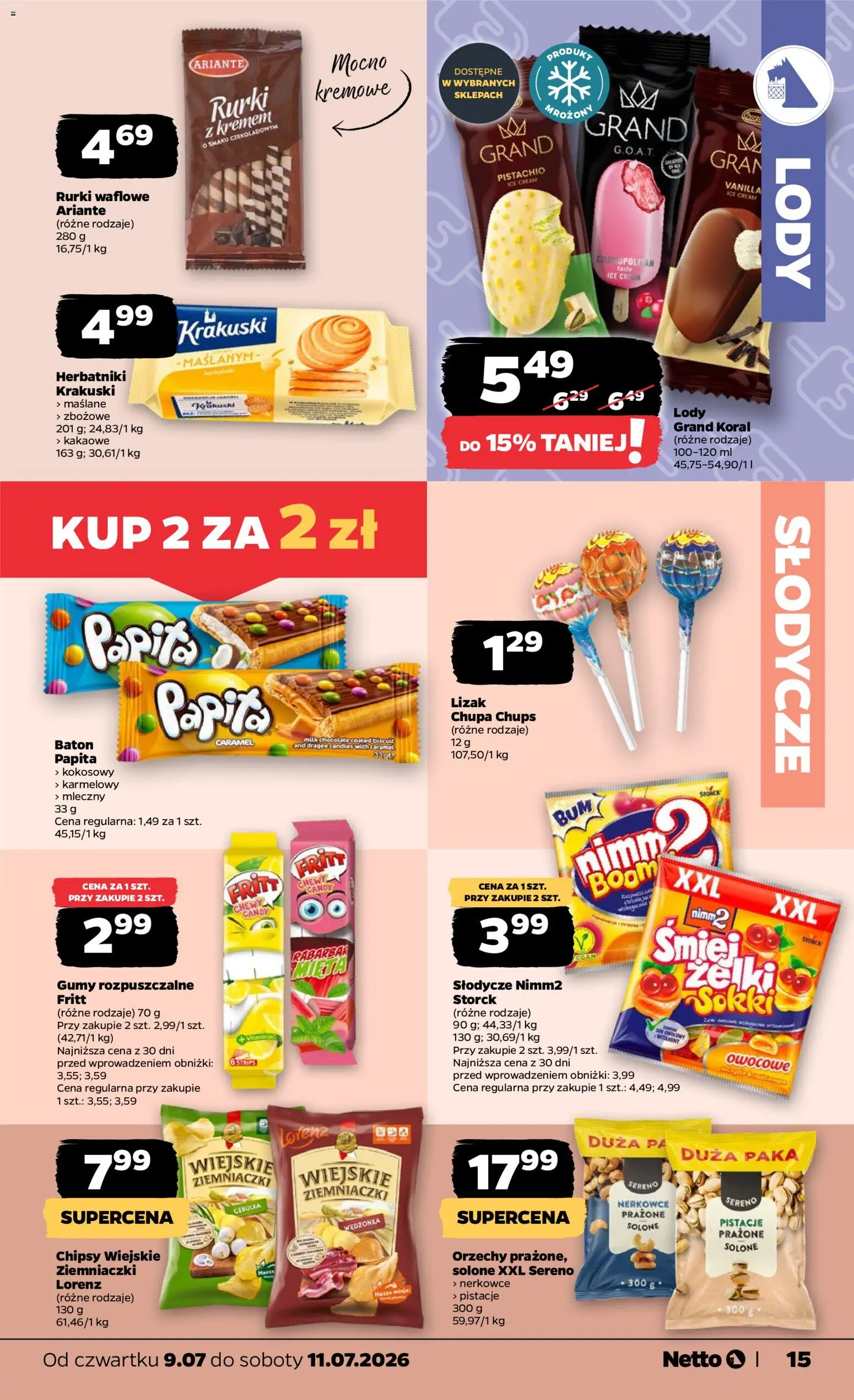 Netto gazetka od czwartku spożywcza od 09.07.2026 | Strona: 15 | Produkty: Chipsy, Lody na patyku, Żelki, Lizaki