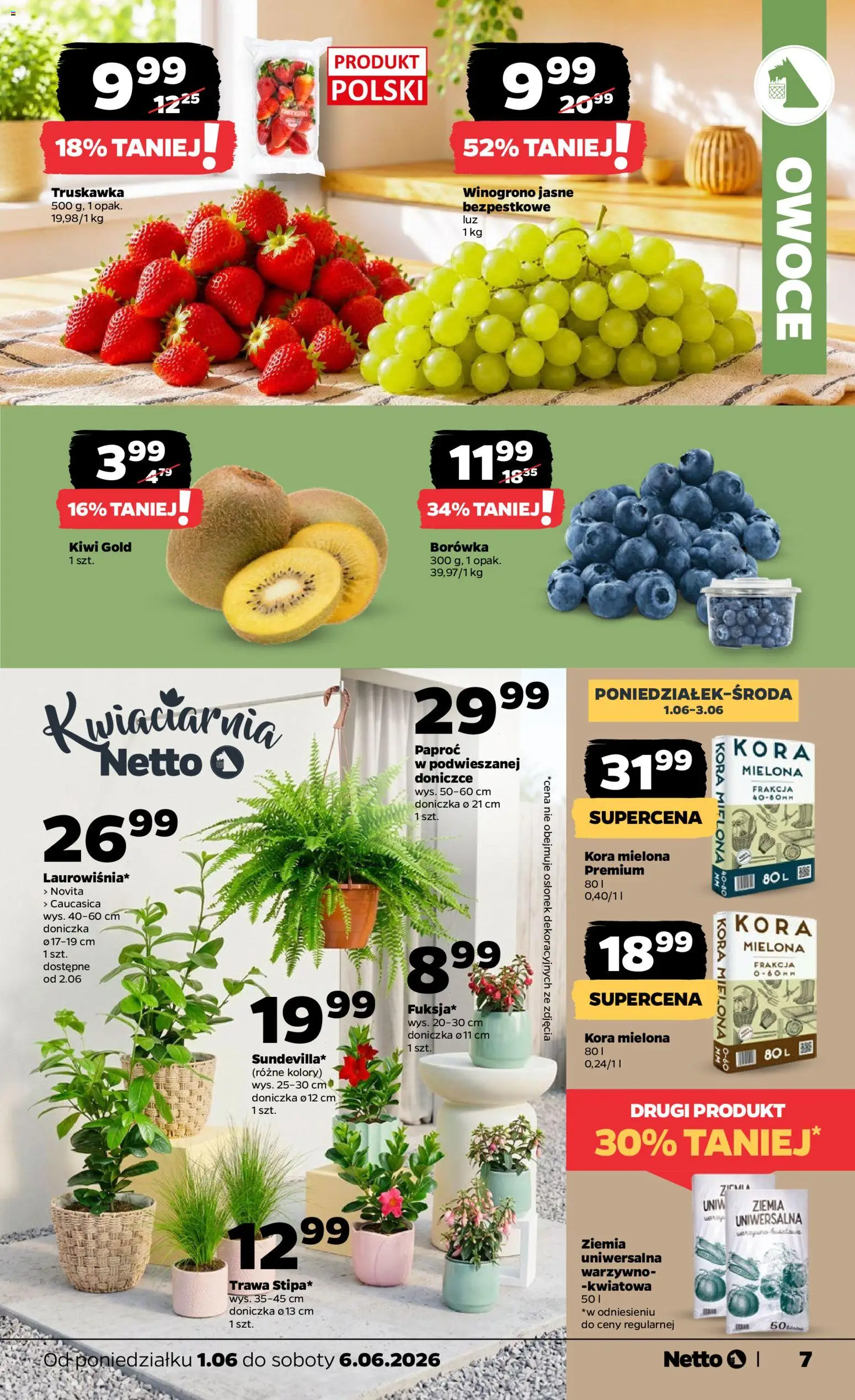 Netto gazetka od poniedziałku spożywcza od 01.06.2026 | Strona: 7 | Produkty: Winogrono, Paproć, Doniczka, Owoce