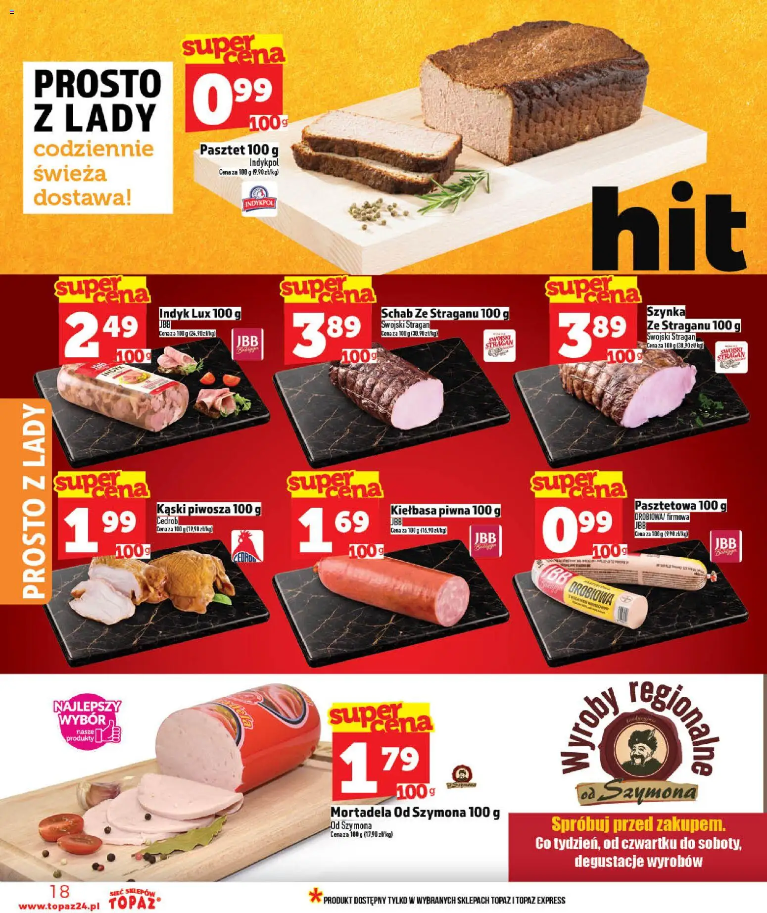 Topaz gazetka - MAZ od 21.05.2026 | Strona: 18 | Produkty: Kiełbasa, Mortadela, Schab, Szynka