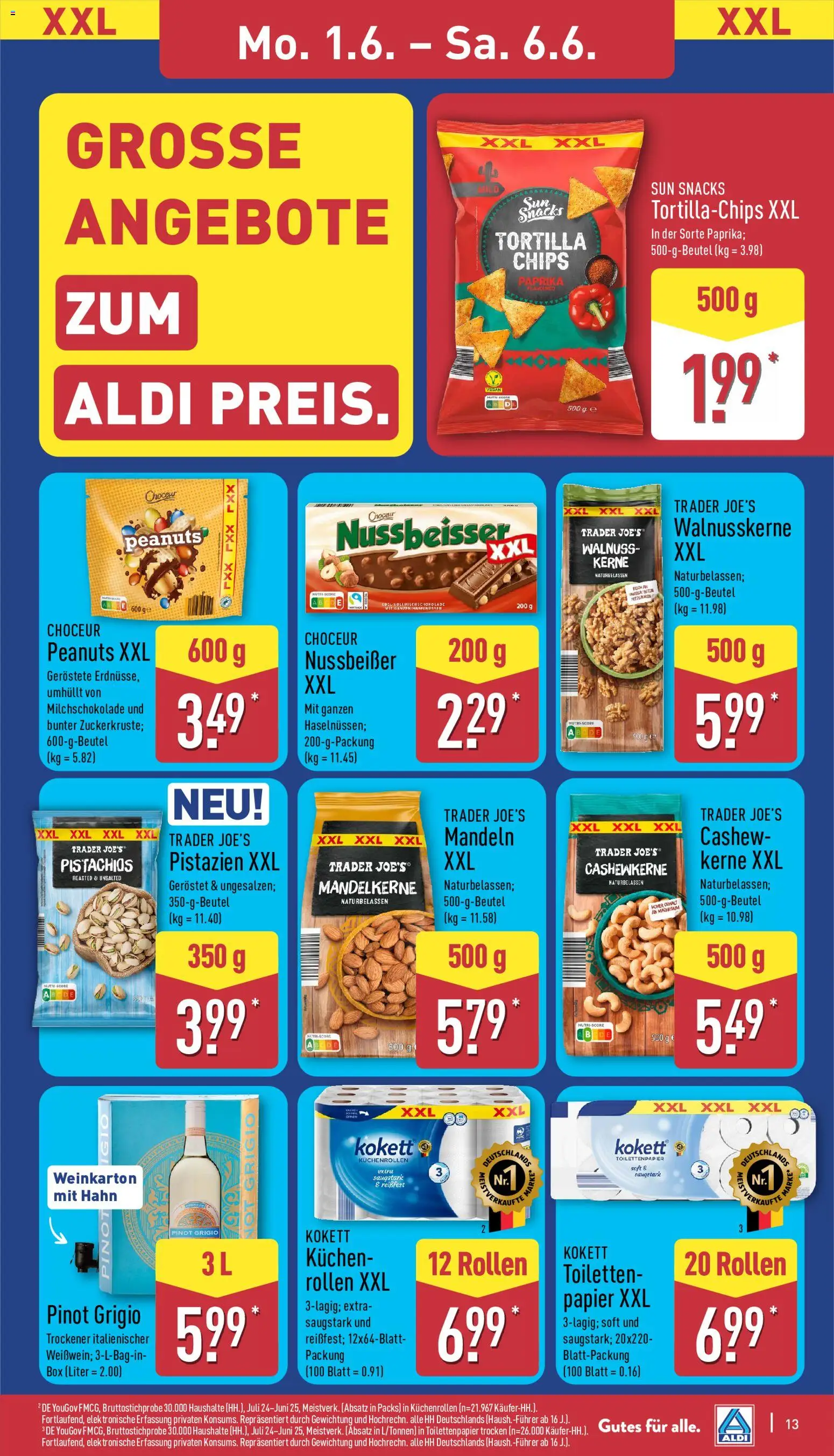 Aldi Prospekt – gültig ab 01.06.2026 | Seite: 13 | Produkte: Mandeln, Paprika, Chips, Toilettenpapier