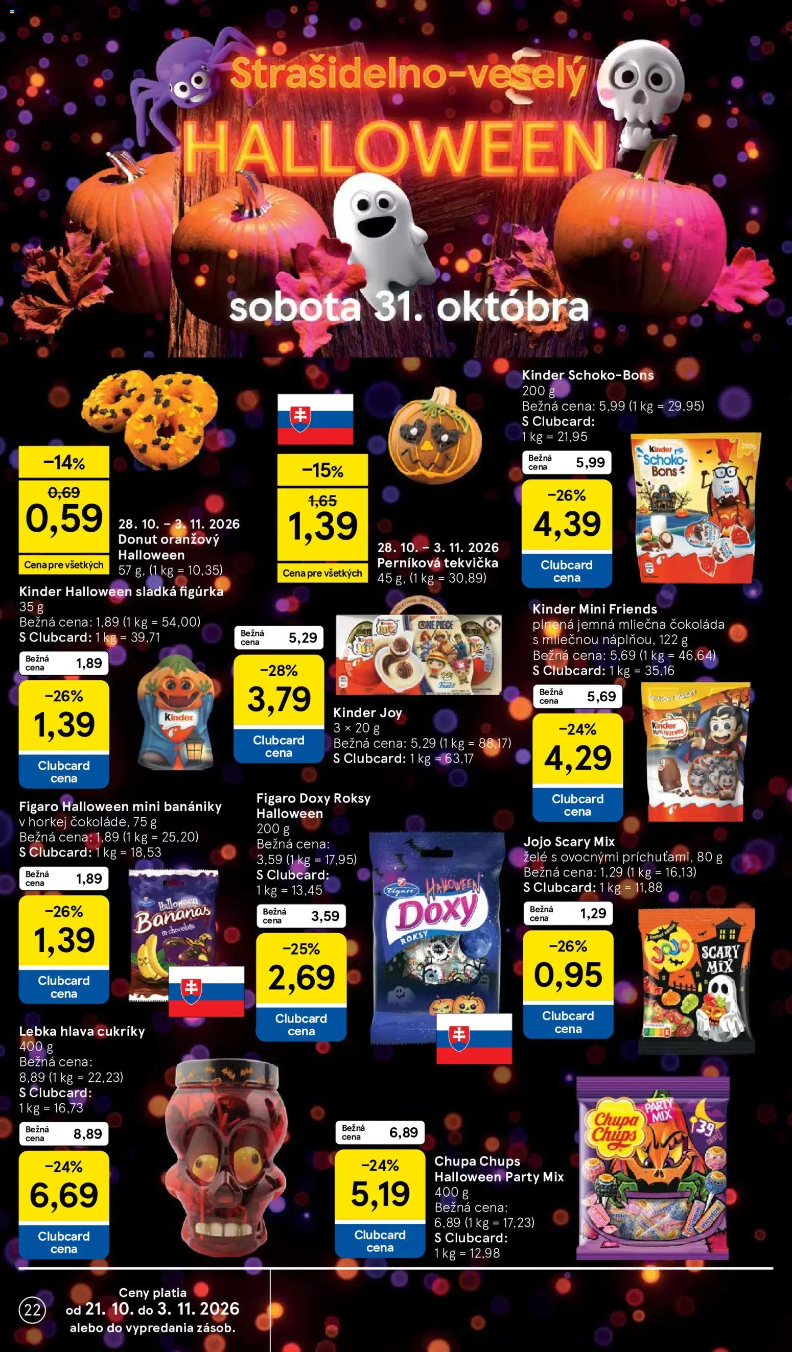 Nové Tesco akcie – leták je platný od 28.10.2026 | Strana: 22 | Produkty: Donut, Kinder, Čokoláda, Cukríky