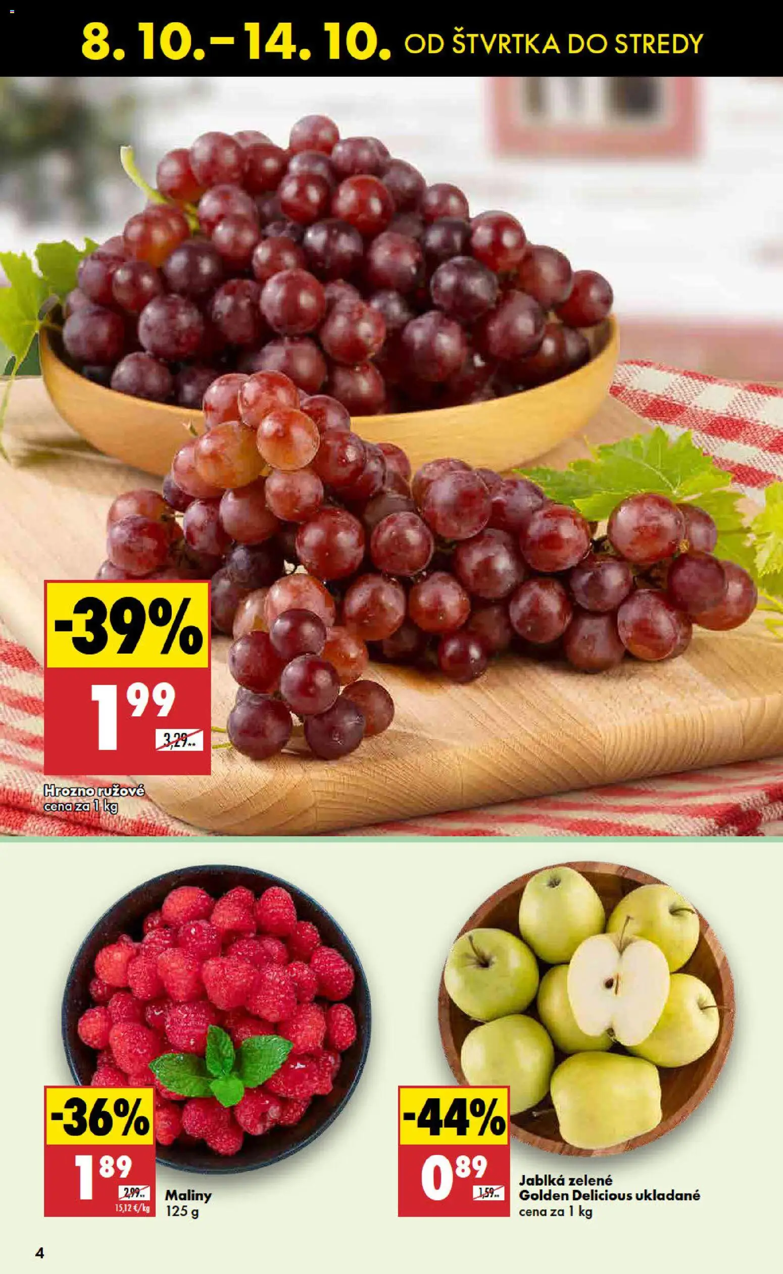 Nové Biedronka akcie – leták je platný od 08.10.2026 | Strana: 4 | Produkty: Jablká, Hrozno, Maliny