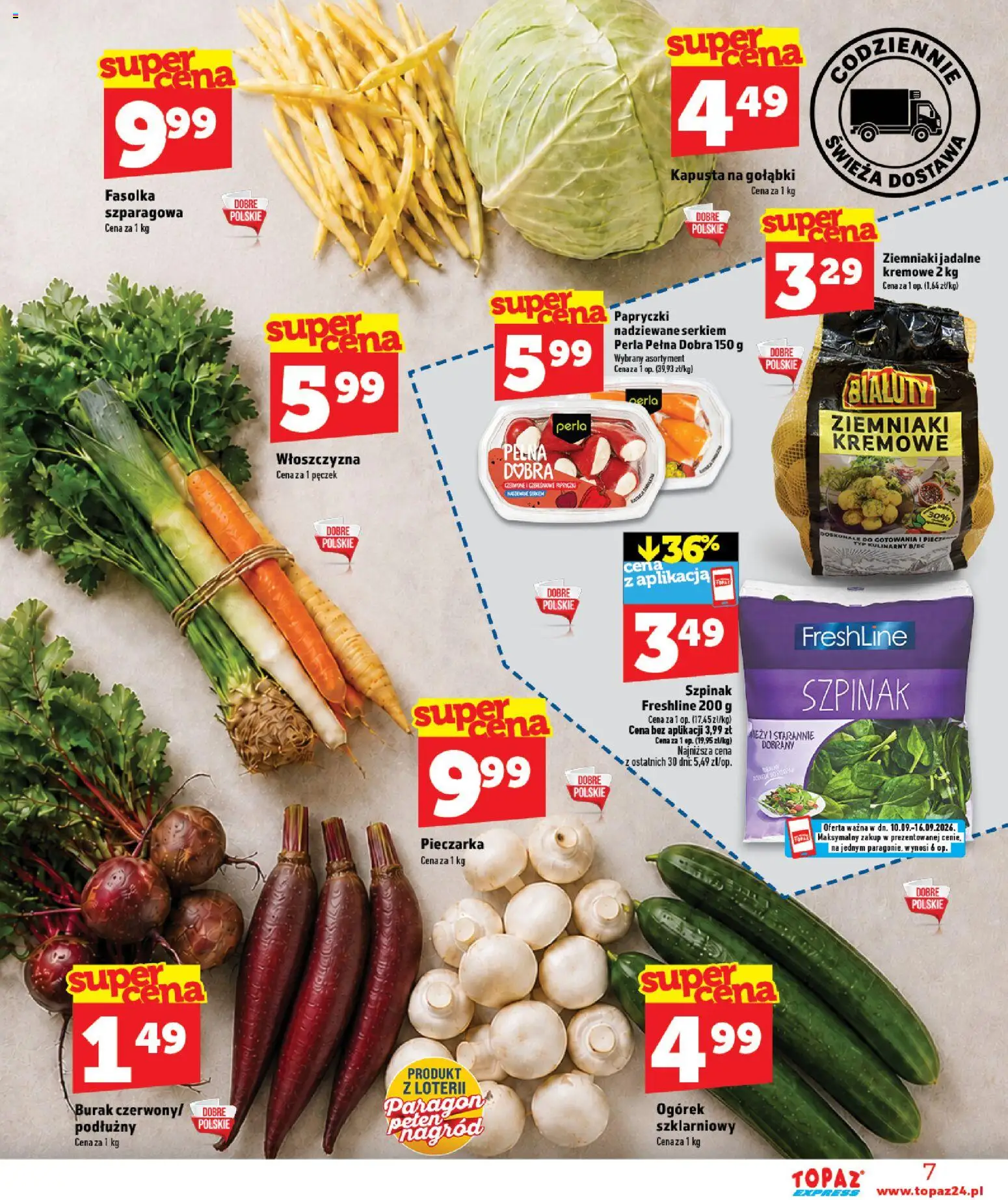 Topaz gazetka - Express od 10.09.2026 | Strona: 7 | Produkty: Burak, Gołąbki, Włoszczyzna, Ogórek