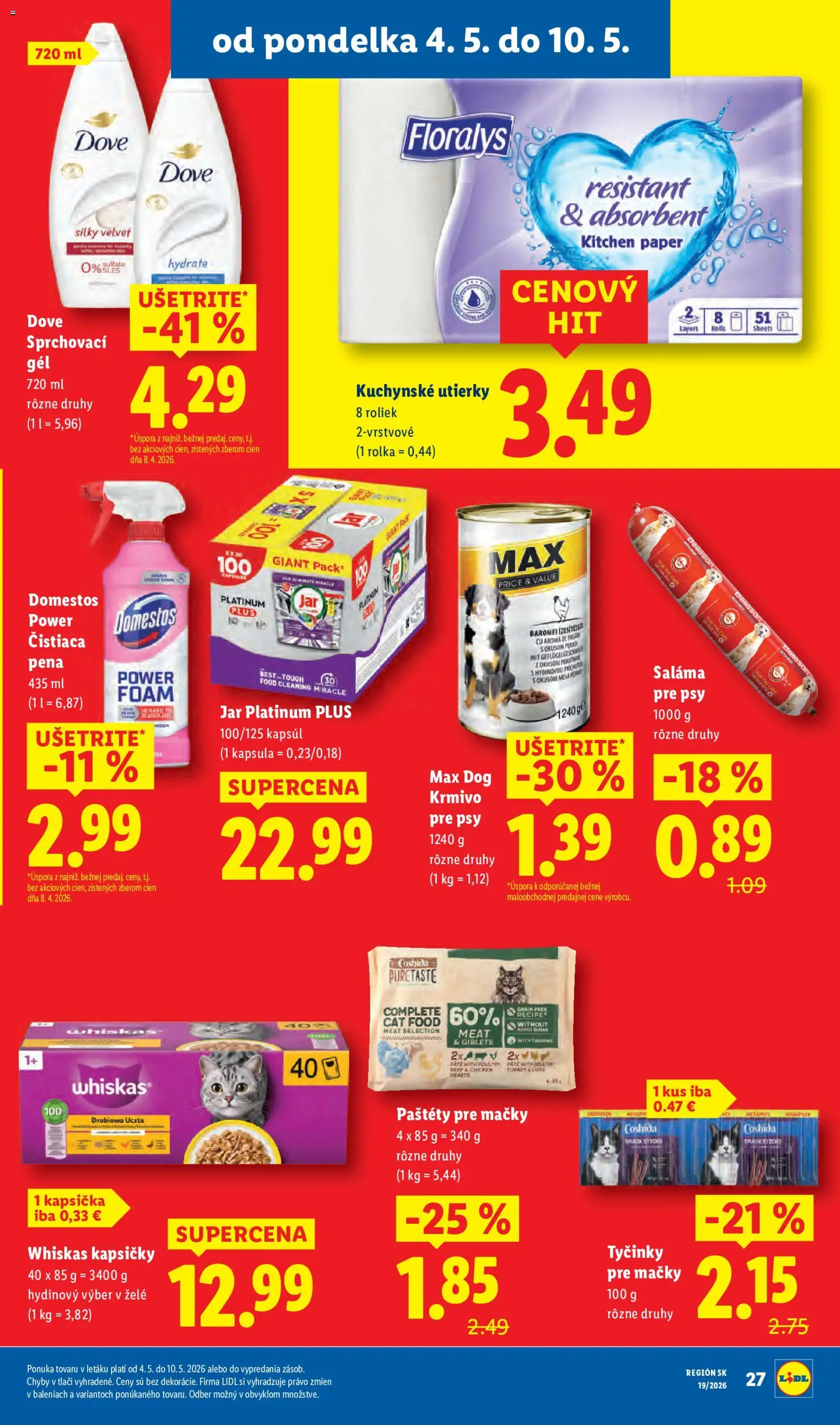 Nové Lidl akcie – leták je platný od 04.05.2026 | Strana: 39 | Produkty: Pero, Whiskas, Domestos, Jar
