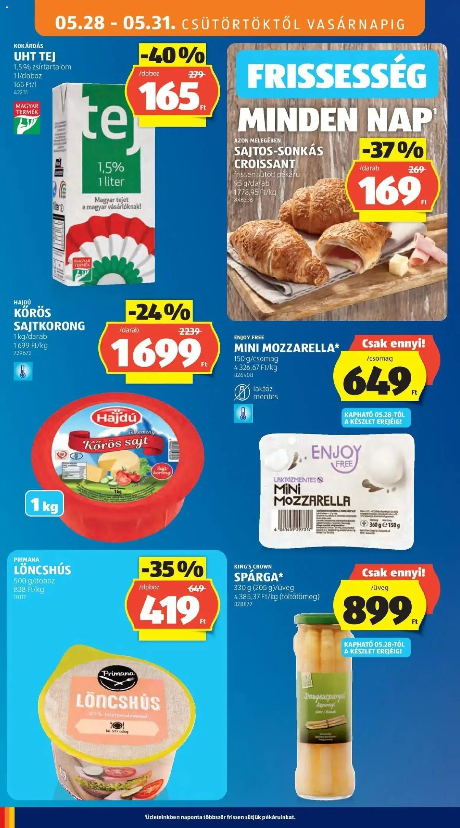 Aldi akciós ujság - amely érvényes a következő dátumtól: 28.05.2026 | Oldal: 14 | Termékek: Mozzarella, Croissant, Tej, Sajt