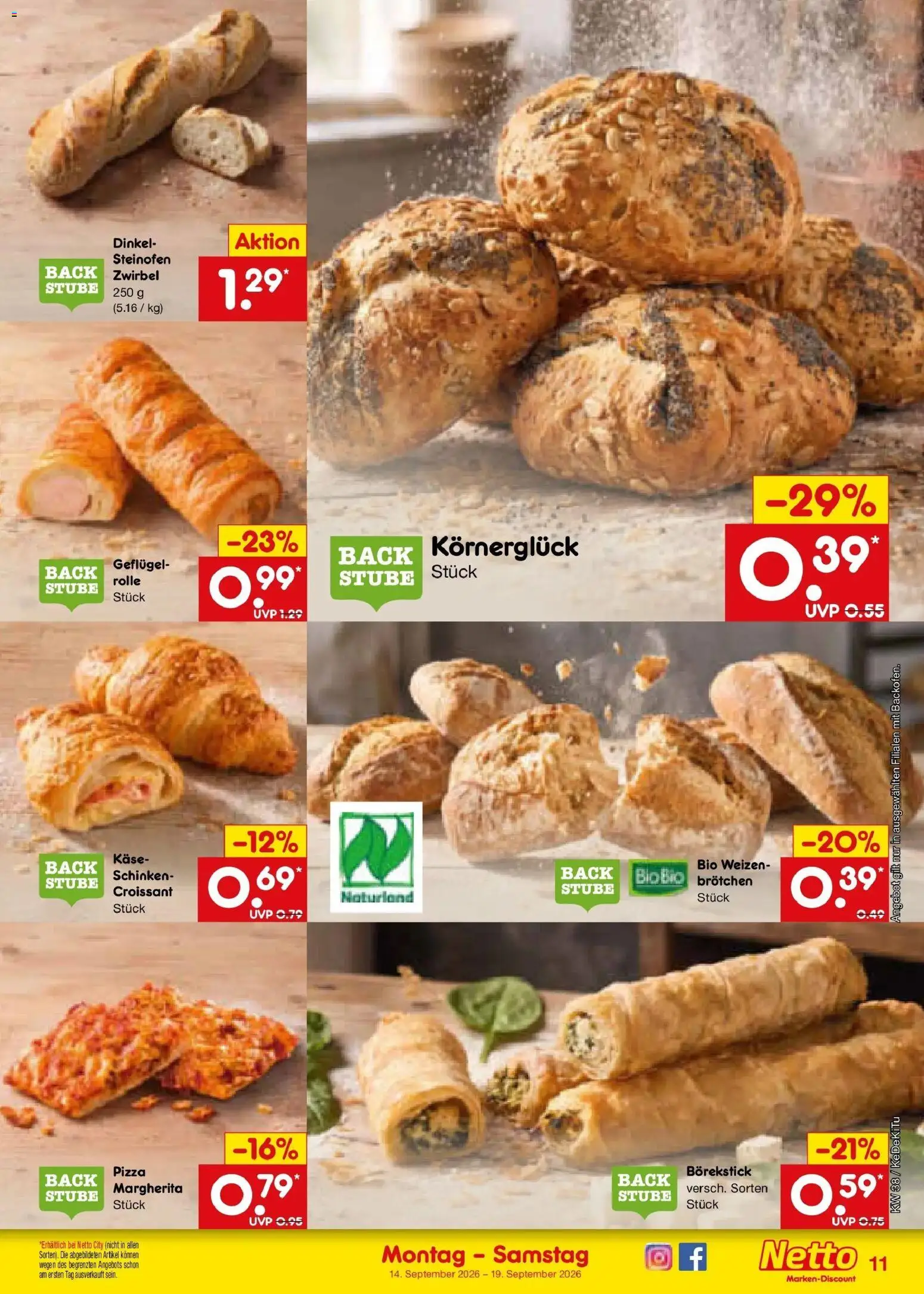 Netto Marken-Discount Prospekt Mistelbach – gültig ab 14.09.2026 | Seite: 15 | Produkte: Käse, Croissant, Schinken, Pizza