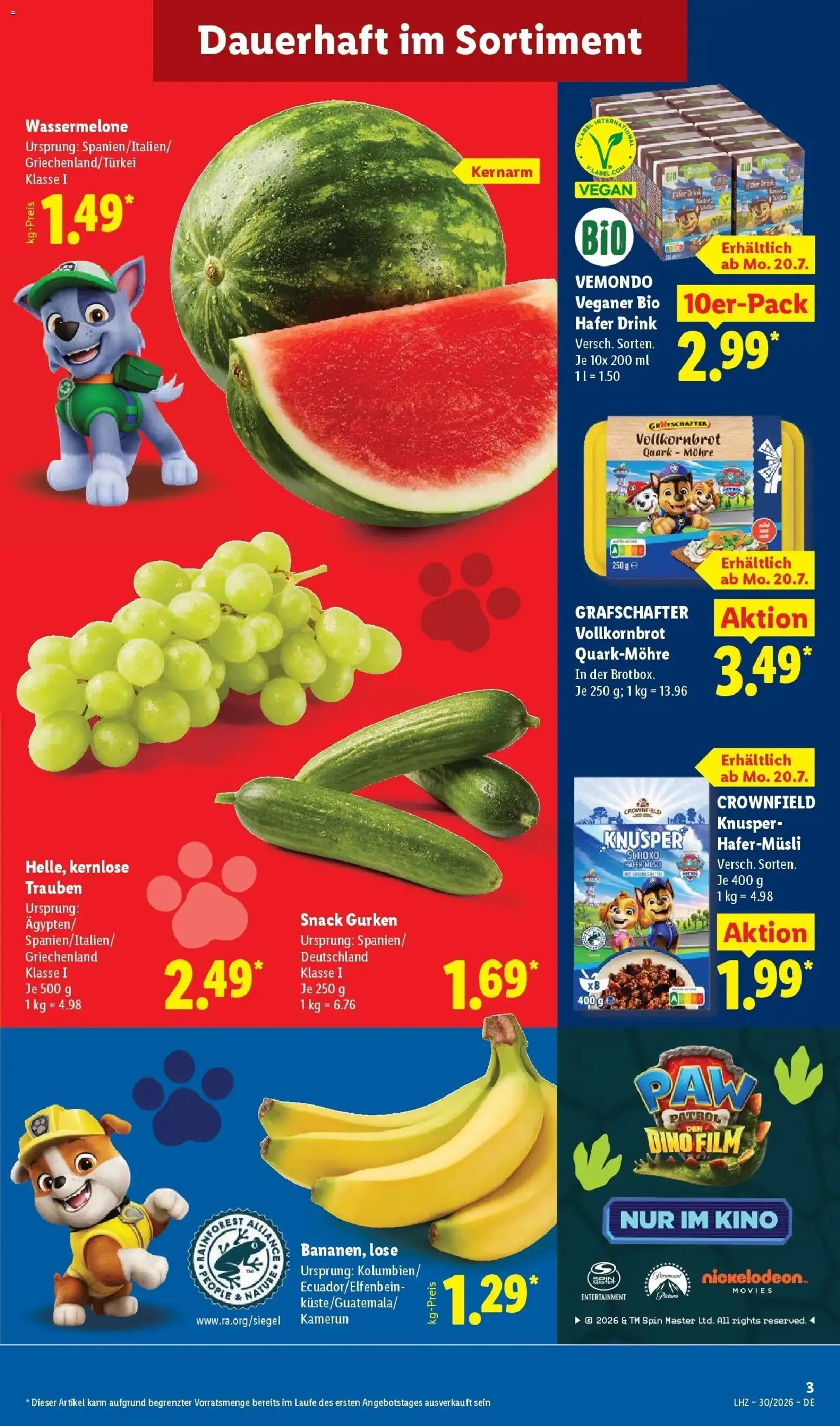 Lidl Prospekt Villingen-schwenningen – gültig ab 20.07.2026 | Seite: 3 | Produkte: Musli, Quark, Trauben, Vollkornbrot
