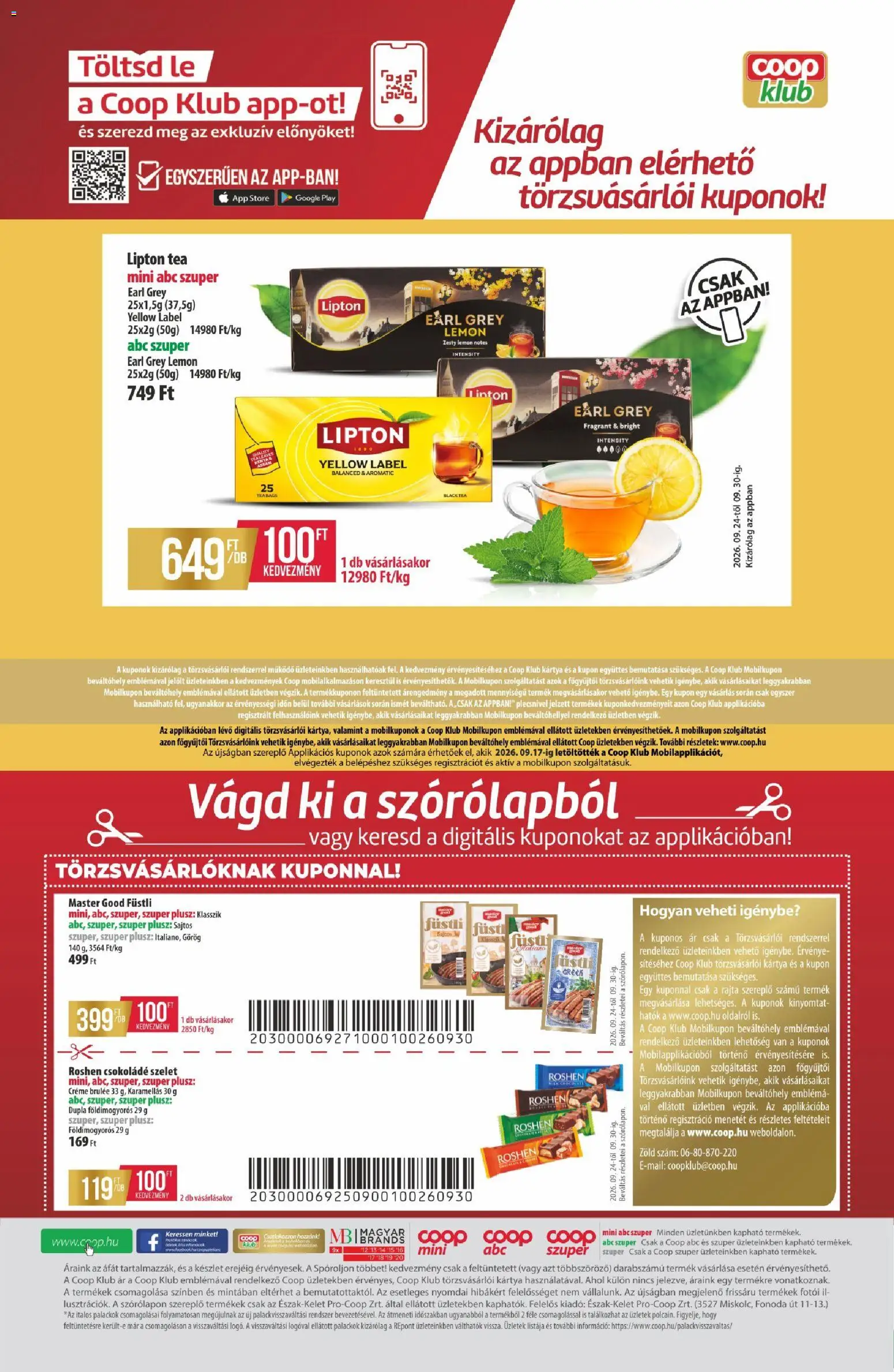 COOP akciós ujság - amely érvényes a következő dátumtól: 2026.09.24. | Oldal: 12 | Termékek: Füstli, Csokoládé, Tea, Roshen