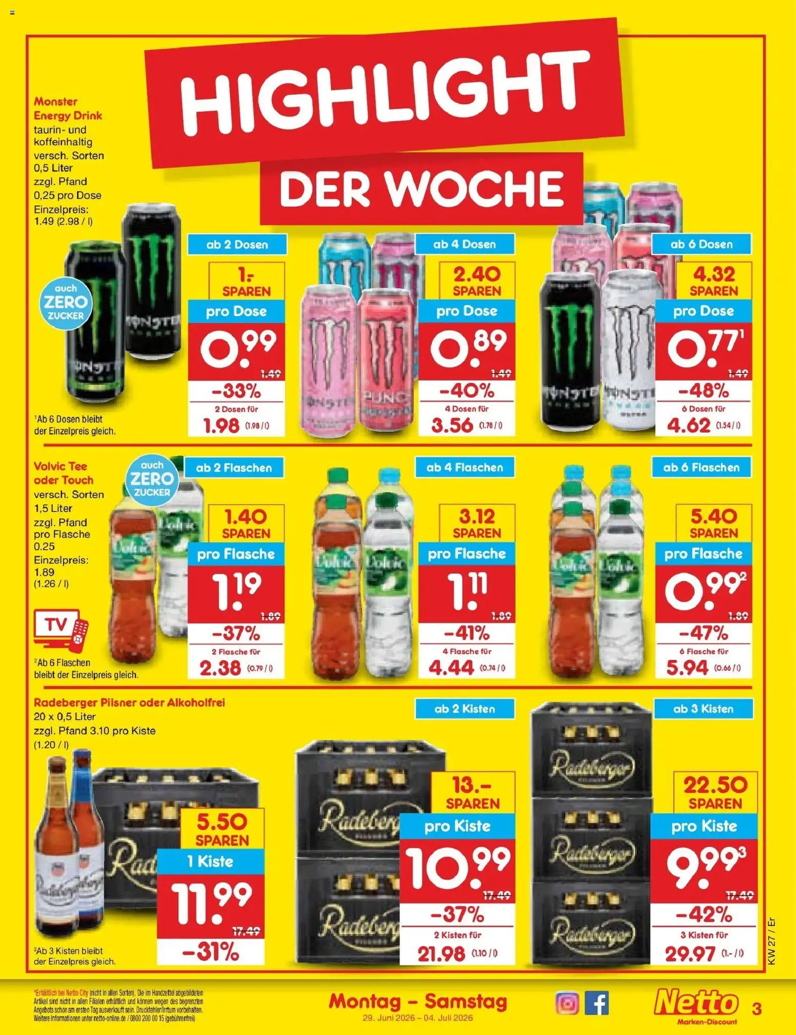 Netto Marken-Discount Prospekt Nordhausen – gültig ab 29.06.2026 | Seite: 3 | Produkte: Volvic tee, Zucker, Volvic, Radeberger pilsner