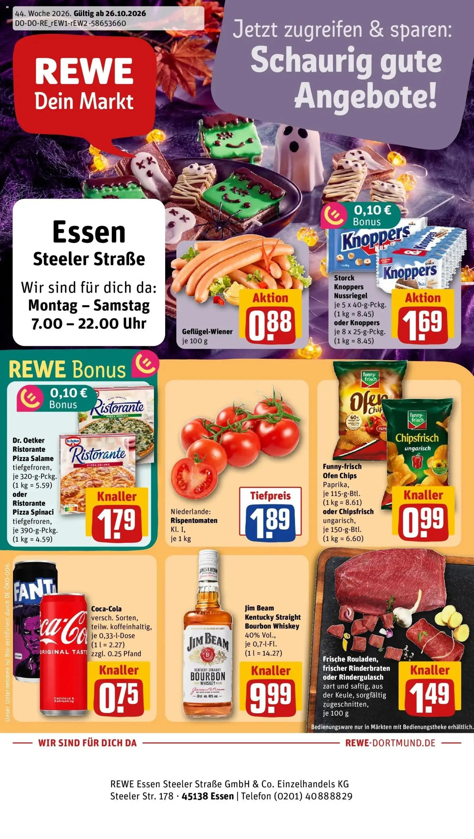 REWE Prospekt ab 26.10.2026 zum Blättern » Angebote | Seite: 1 | Produkte: Ristorante, Rindergulasch, Funny frisch, Bourbon