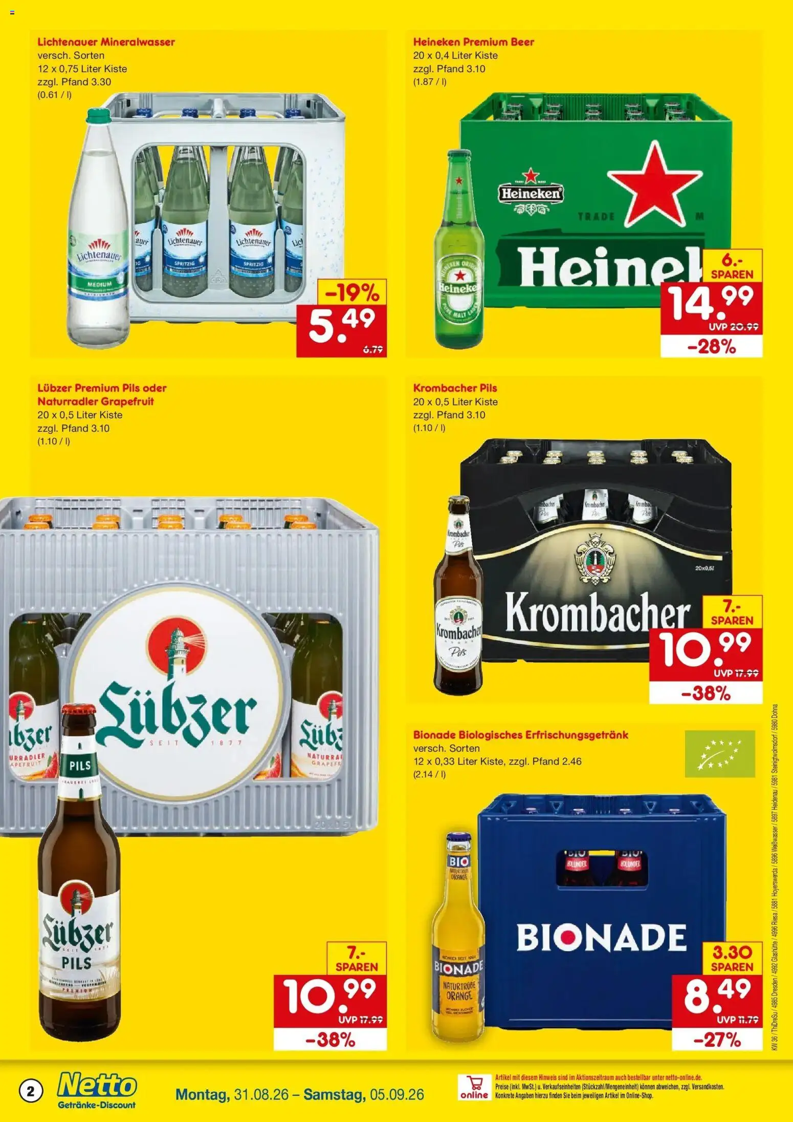 Netto Marken-Discount Prospekt Glashütte-Schlottwitz – gültig ab 31.08.2026 | Seite: 2 | Produkte: Pils, Bionade, Mineralwasser, Heineken