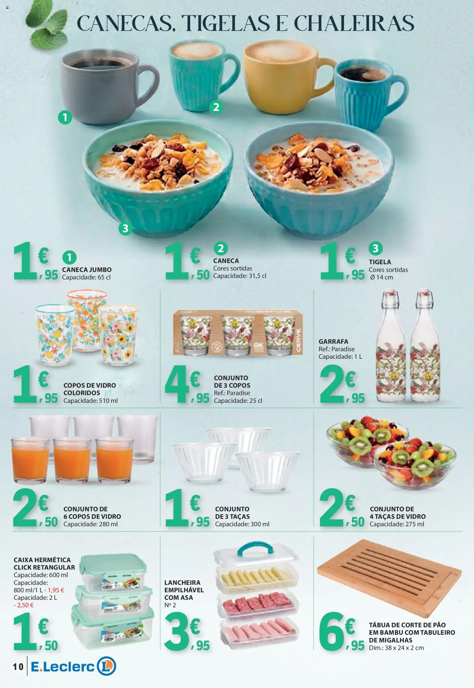 E.Leclerc folheto Especial Pequeno-Almoço │ válido de 21.04.2026 | Página: 10 | Produtos: Copos, Tigela, Caneca, Caixa