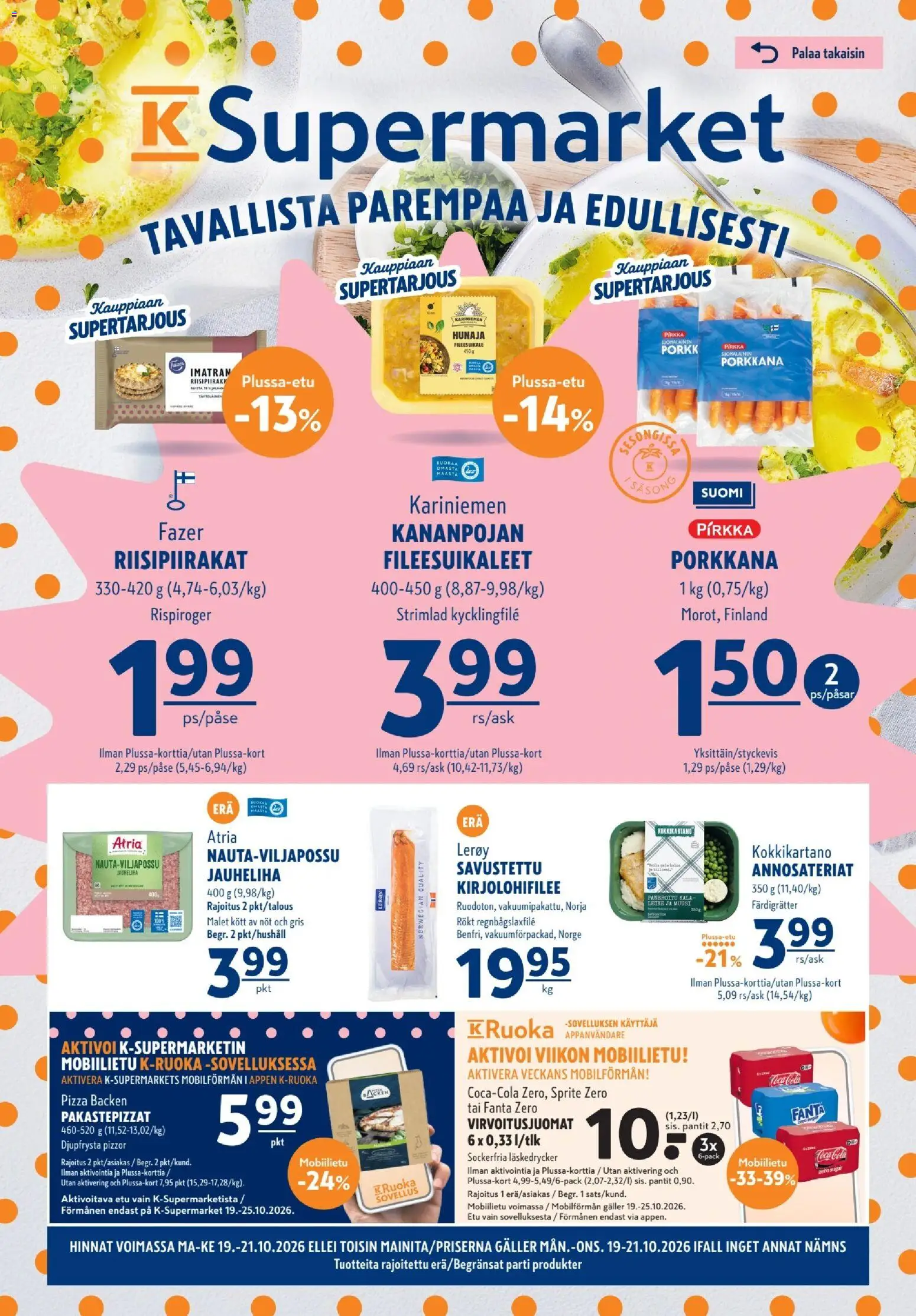K-Supermarket tarjoukset – voimassa 19/10/2026 alkaen | Sivu: 1 | Tuotteet: Jauheliha, Virvoitusjuomat, Sprite, Porkkana