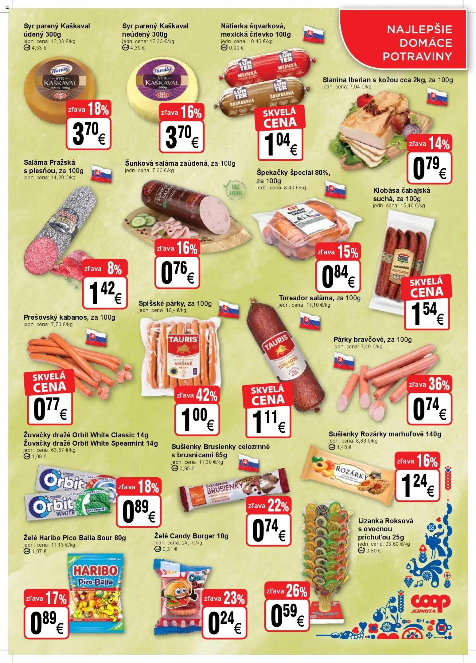 Nové COOP Jednota akcie – leták je platný od 01.04.2026 | Strana: 3 | Produkty: Syr, Slanina, Klobása, Párky