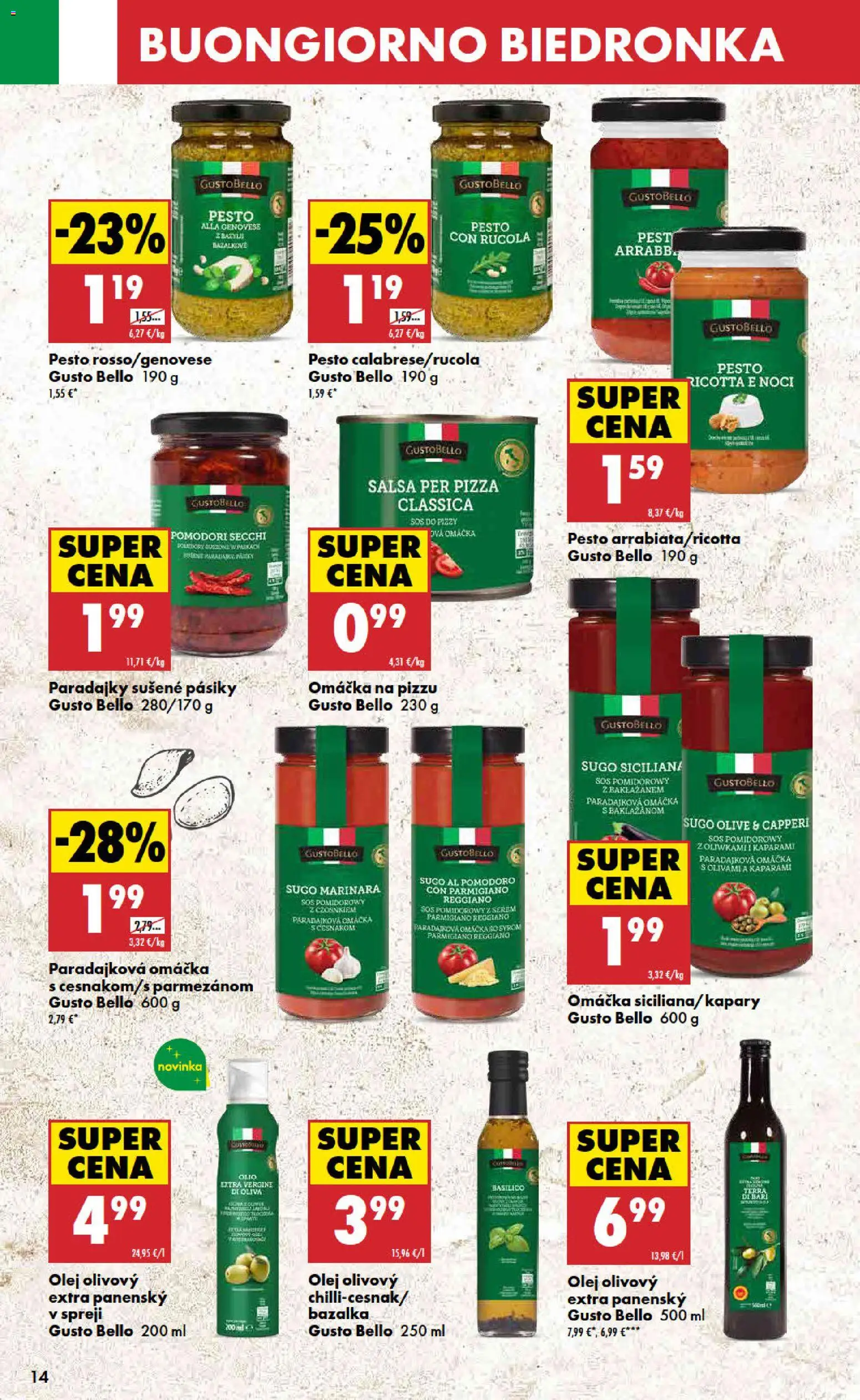 Nové Biedronka akcie – leták je platný od 23.07.2026 | Strana: 14 | Produkty: Olej, Pizza, Paradajky, Omáčka