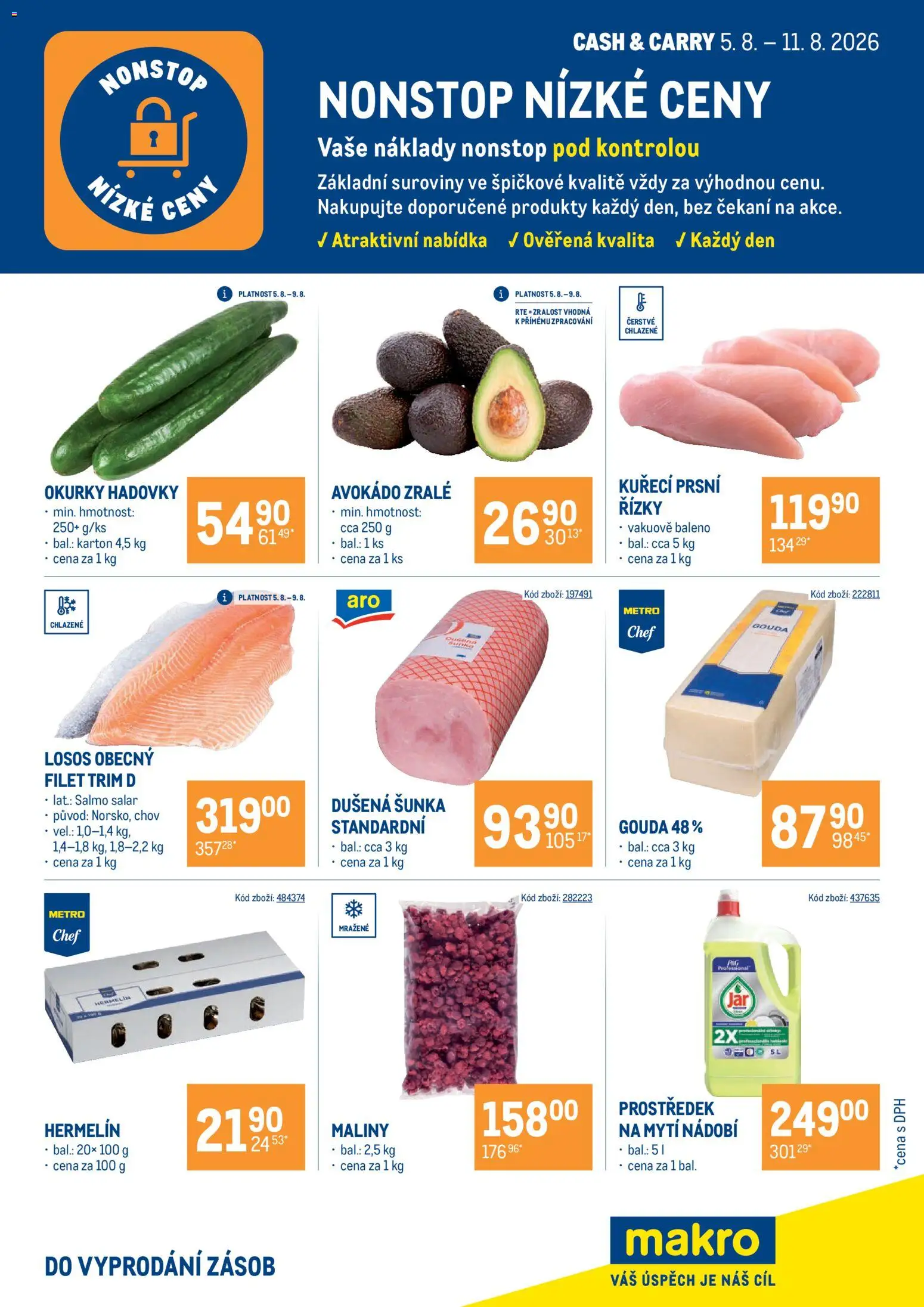 Makro leták - Nonstop nízké ceny od 05.08.2026 | Strana: 1 | Produkty: Hermelín, Maliny, Avokádo, Filet