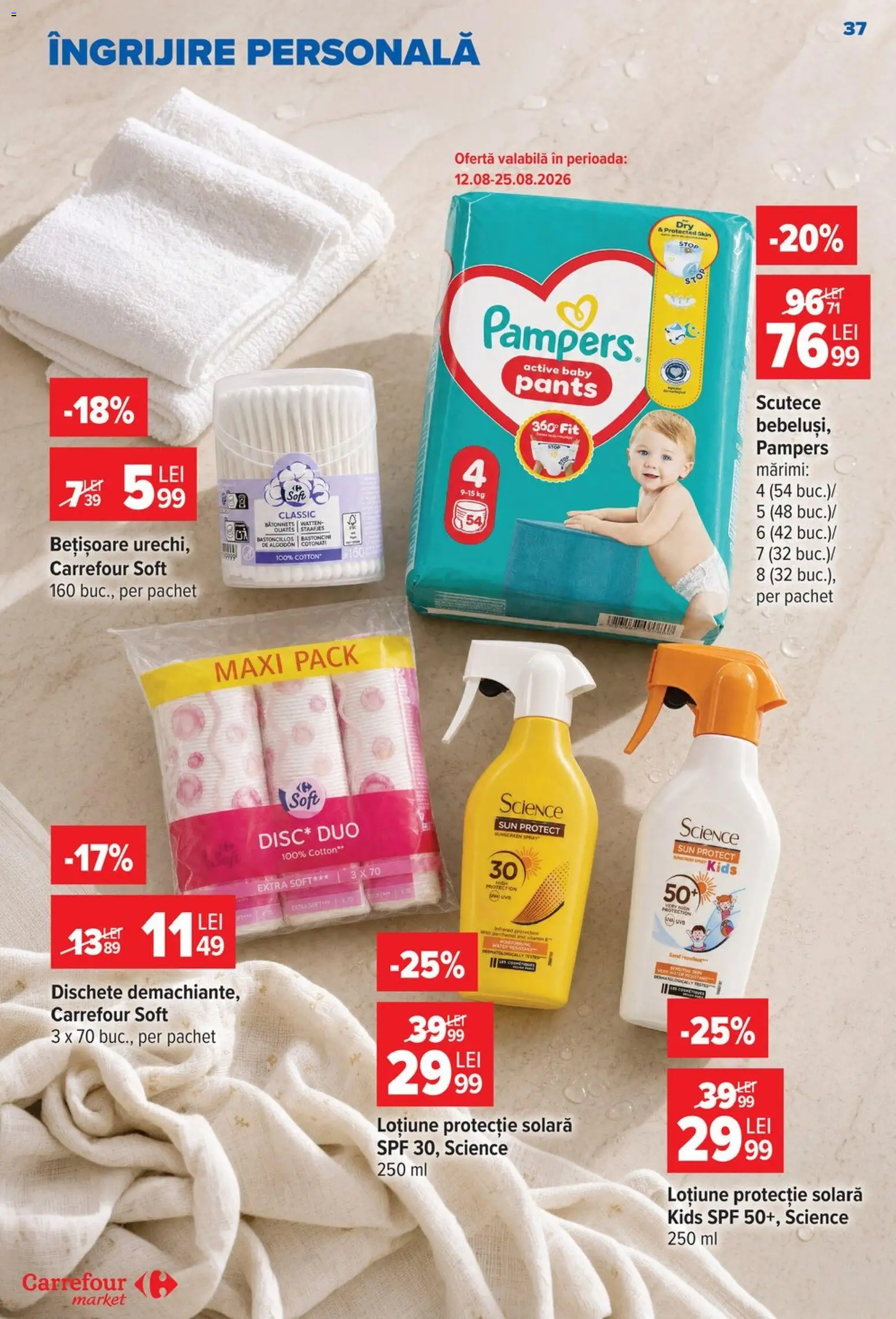 Noul catalog Carrefour – valabil de la 19.08.2026 | Pagină: 37 | Produse: Pampers, Solara, Loțiune protecție solară, Scutece