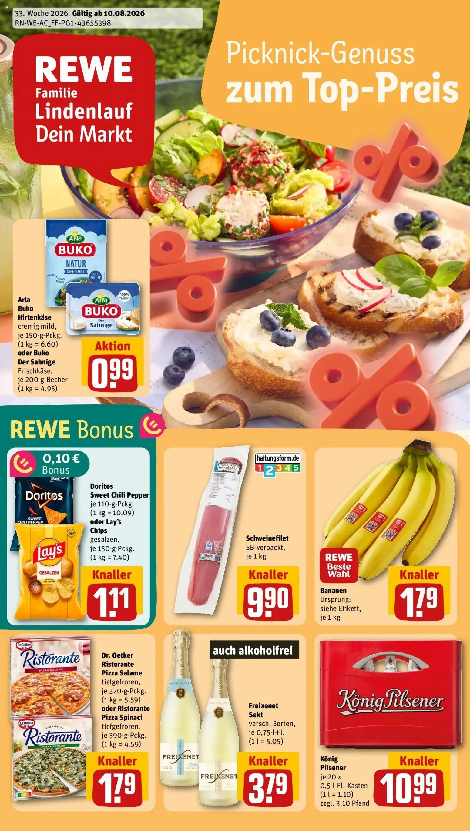 REWE Prospekt ab 10.08.2026 zum Blättern » Angebote | Seite: 1 | Produkte: Ristorante, Freixenet, Bananen, Pizza
