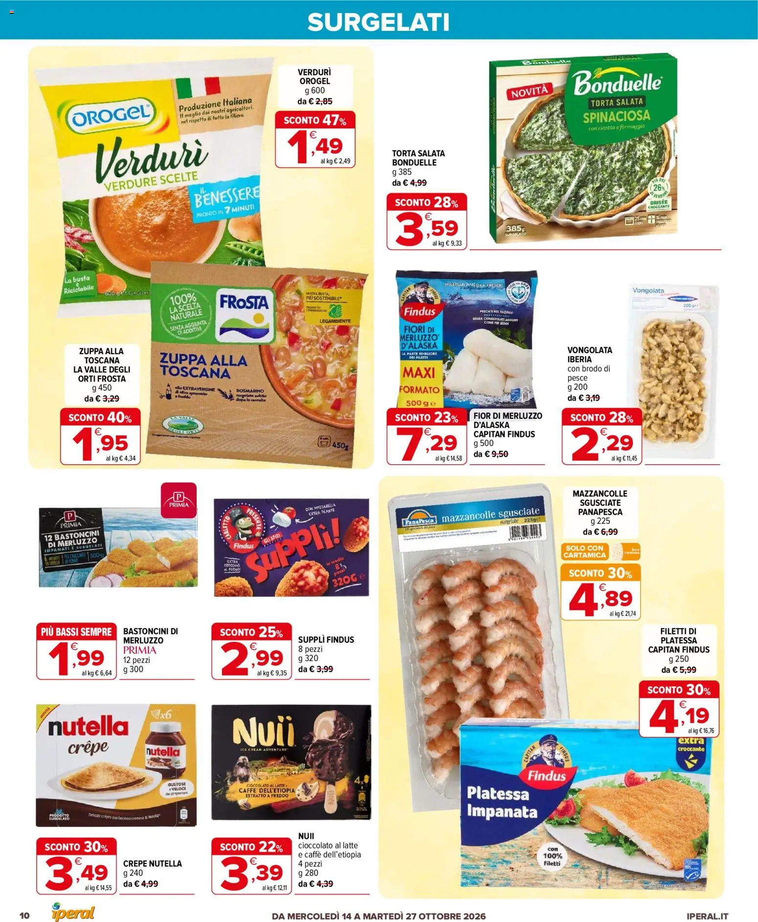 Volantino Iperal del 14/10/2026 | Pagina: 10 | Prodotti: Merluzzo, Mazzancolle, Latte, Nutella