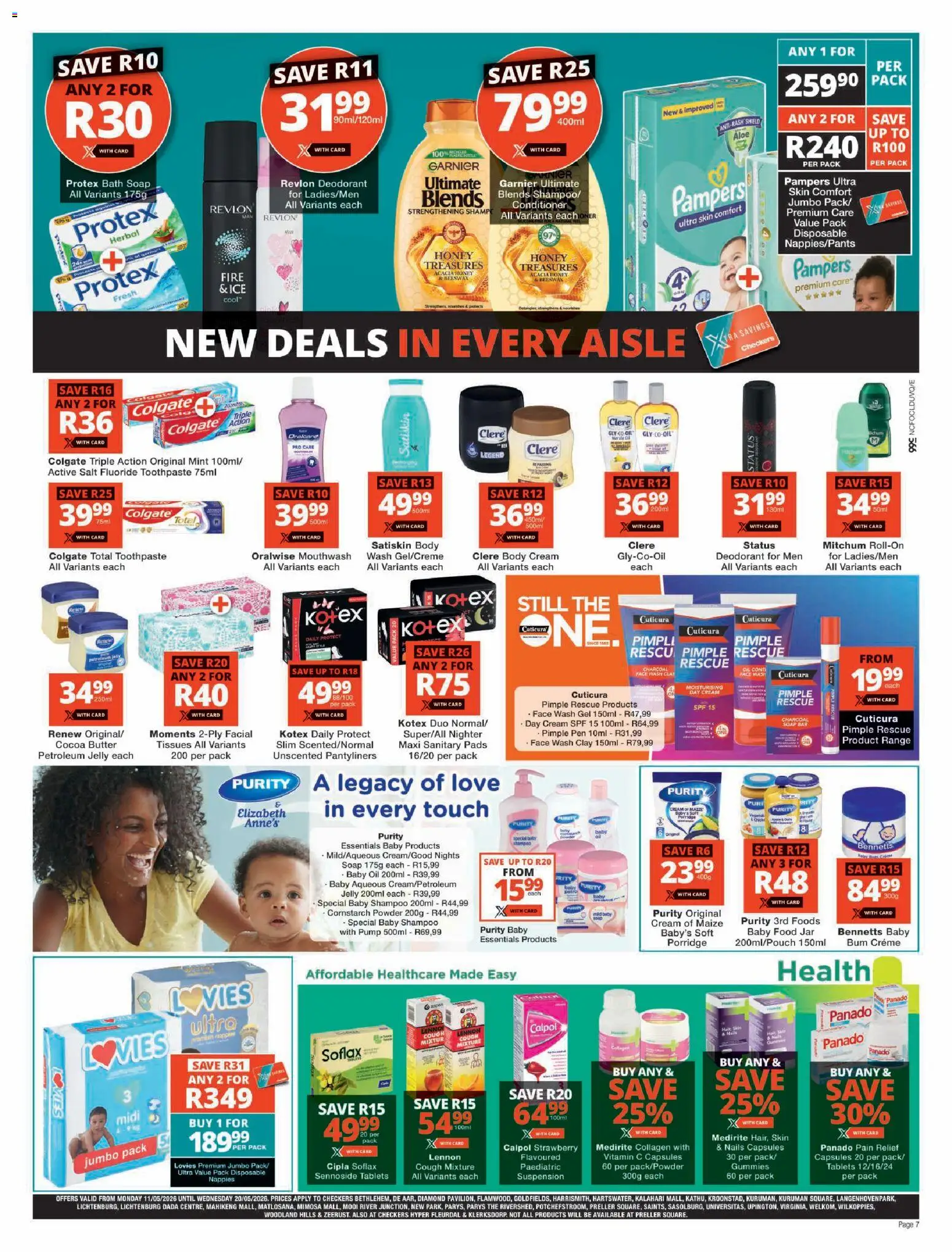 New Checkers catalogue – valid from 11.05.2026 | Page: 7 | Products: Couch, Baby food, Toothpaste, Tissues