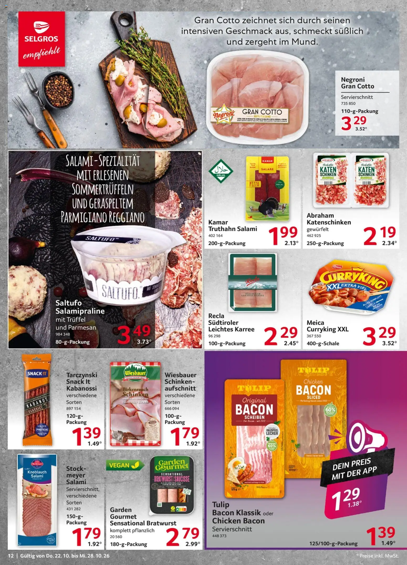 Selgros Prospekt – gültig ab 22.10.2026 | Seite: 12 | Produkte: Bratwurst, Salami, Schinken, Pizza