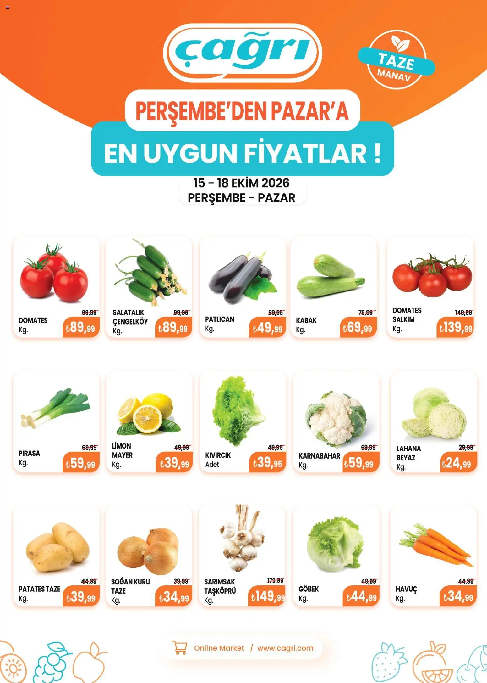 Çağrı Market - Manav Katalog - 15 Ekim 2026 tarihinden itibaren geçerlidir | Sayfa: 2 | Ürünler: Kabak, Domates, Soğan, Limon