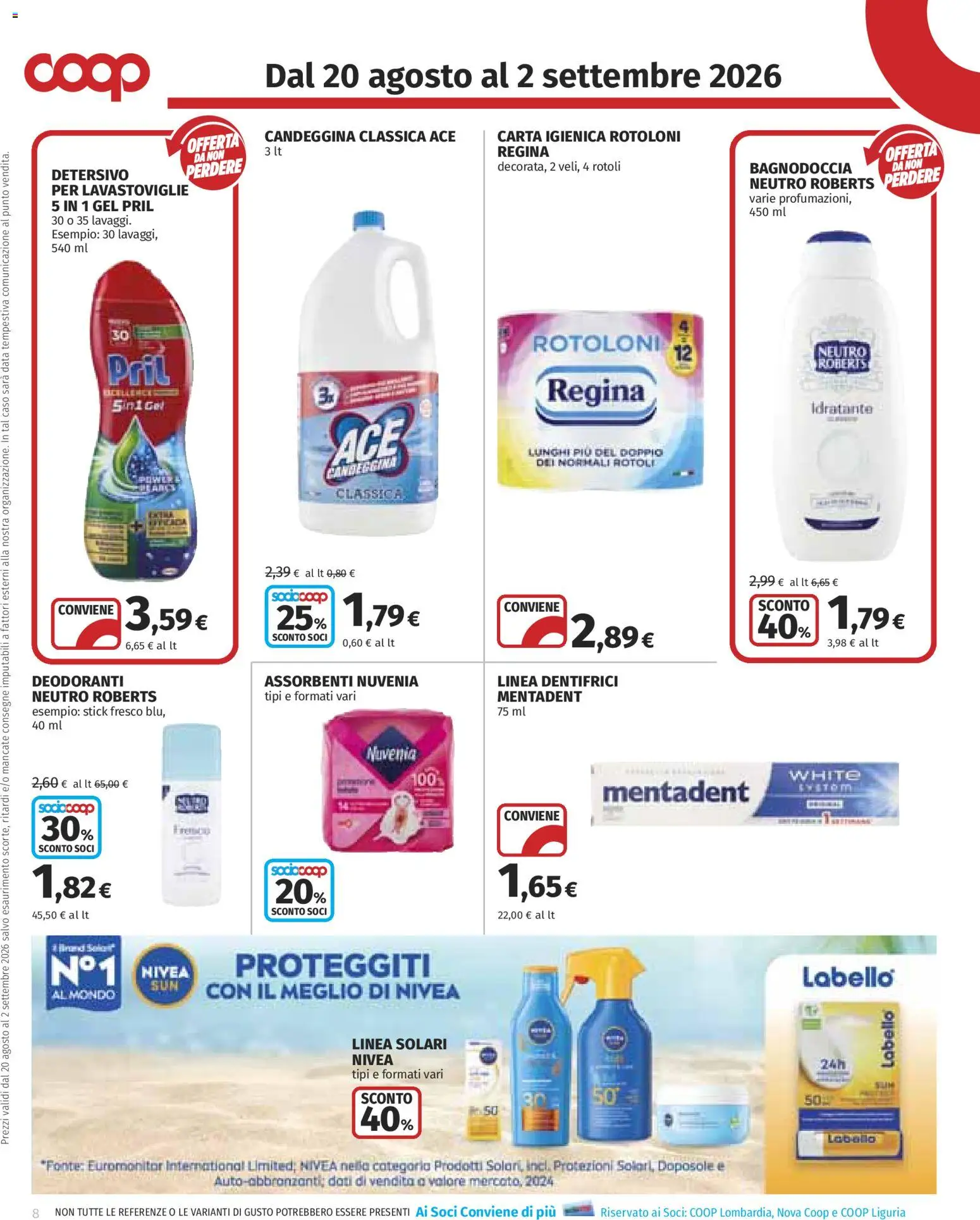 Volantino COOP del 20/08/2026 | Pagina: 8 | Prodotti: Carta igienica, Candeggina, Lavastoviglie, Data