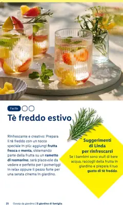 Anteprima del volantino Tè freddo estivo, Refreshing and creative: Prepare iced tea with a special touch: add fresh fruit and mint, placing some of the fruit on a sprig of rosemary; it will be pleasant to see and perfect for relaxing afternoons or the highlight of a movie night in the garden. valido a partire dal 23.04.2026 | Pagina: 25