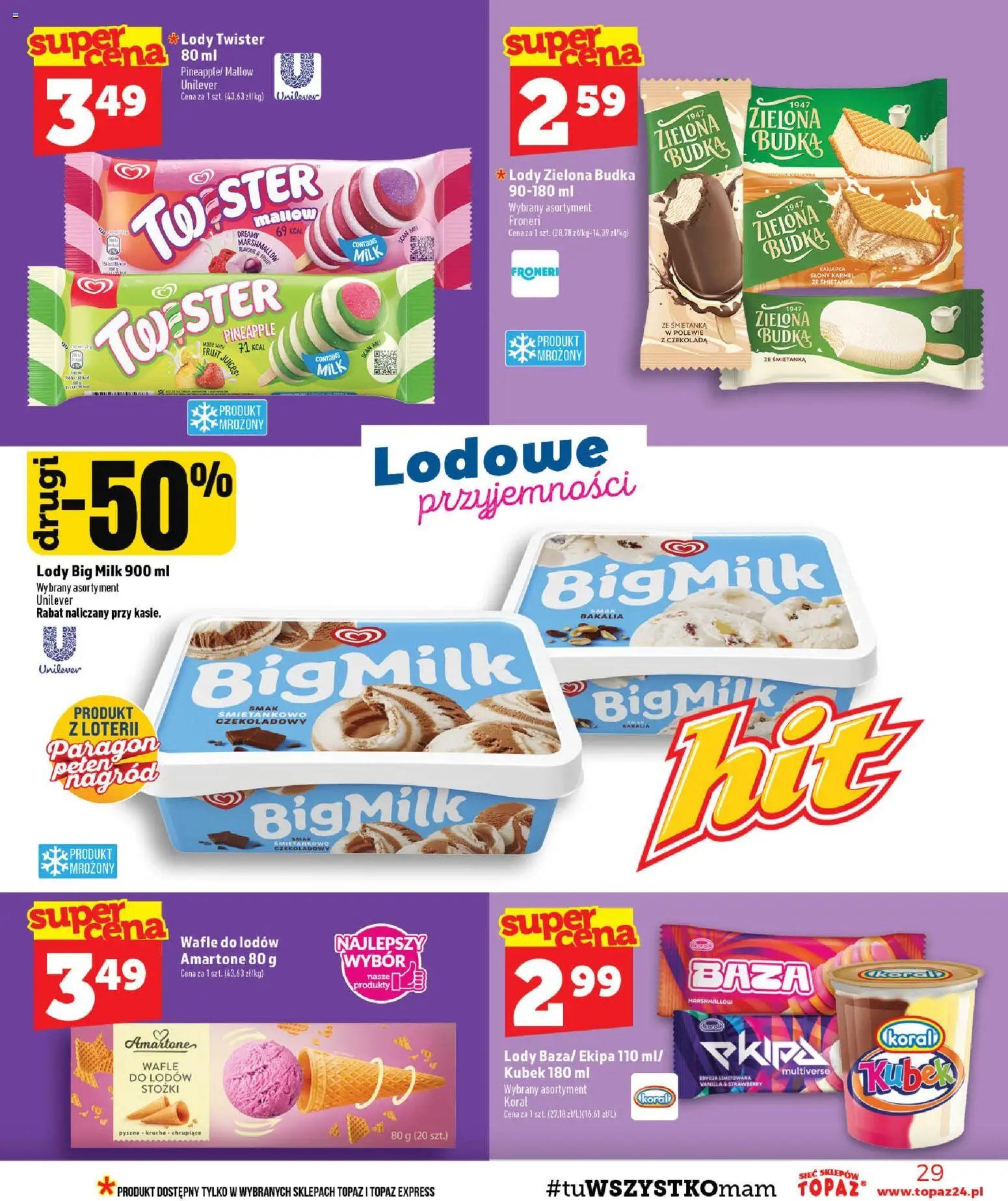 Topaz gazetka od 03.09.2026 | Strona: 29 | Produkty: Wafle, Lody Zielona Budka, Lody Big Milk, Lody