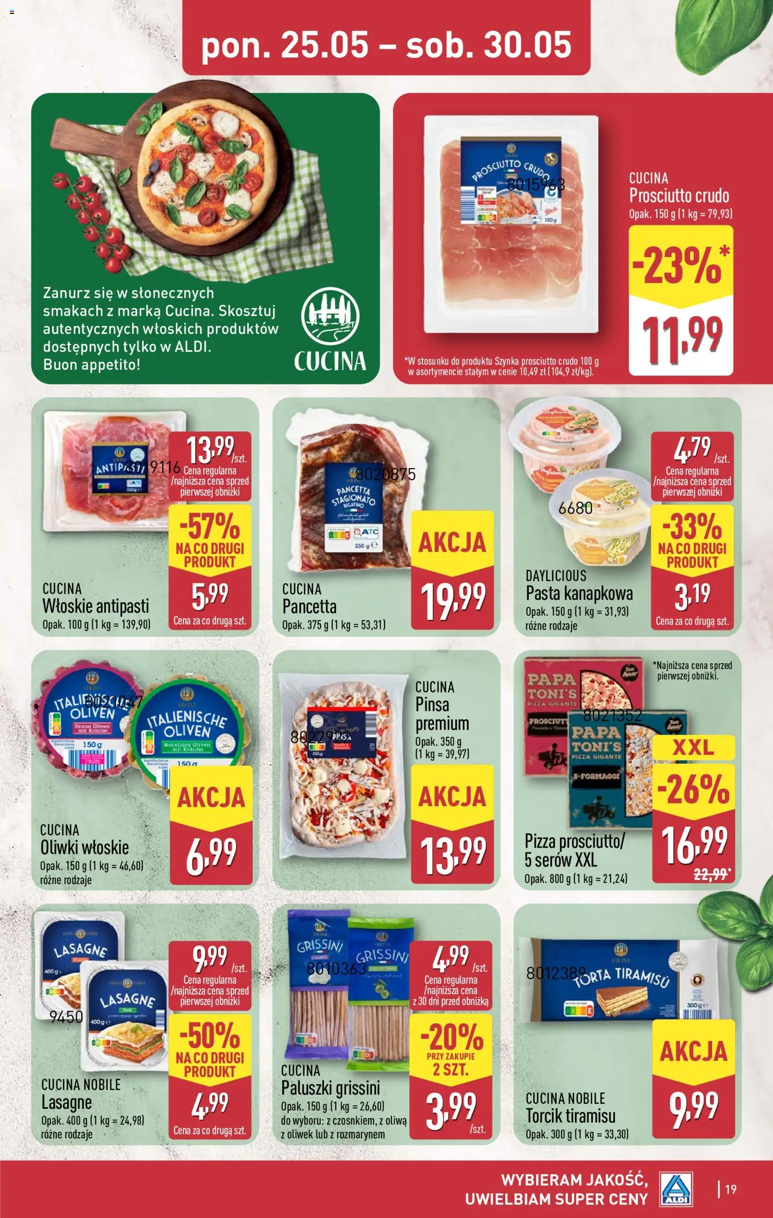Aldi gazetka od 25.05.2026 | Strona: 19 | Produkty: Oliwa z oliwek, Szynka prosciutto, Lasagne, Pinsa